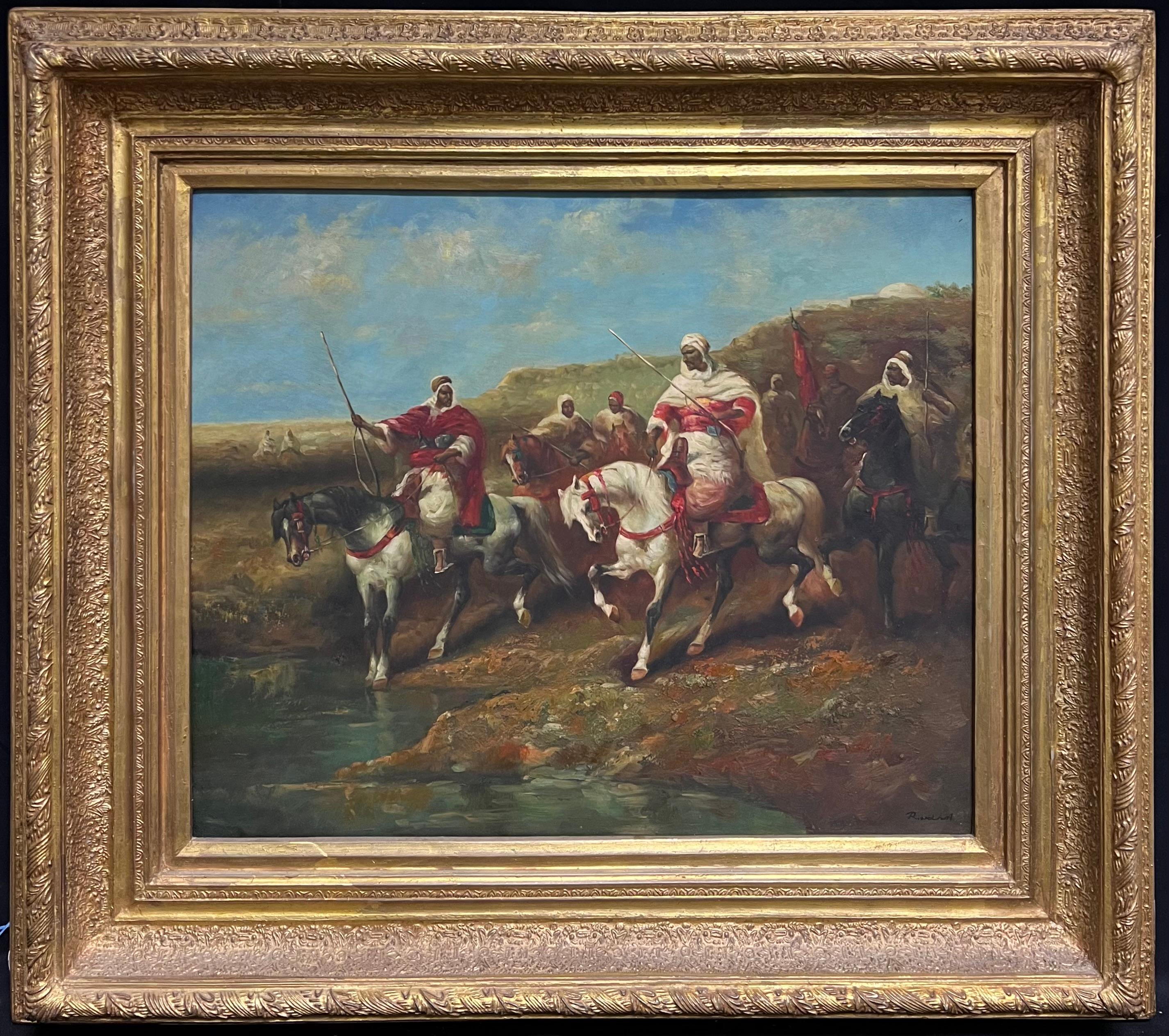 Figurative Painting di French School - Pittura ad olio firmata Orientalista francese del Nord Africa Figure a cavallo Spade