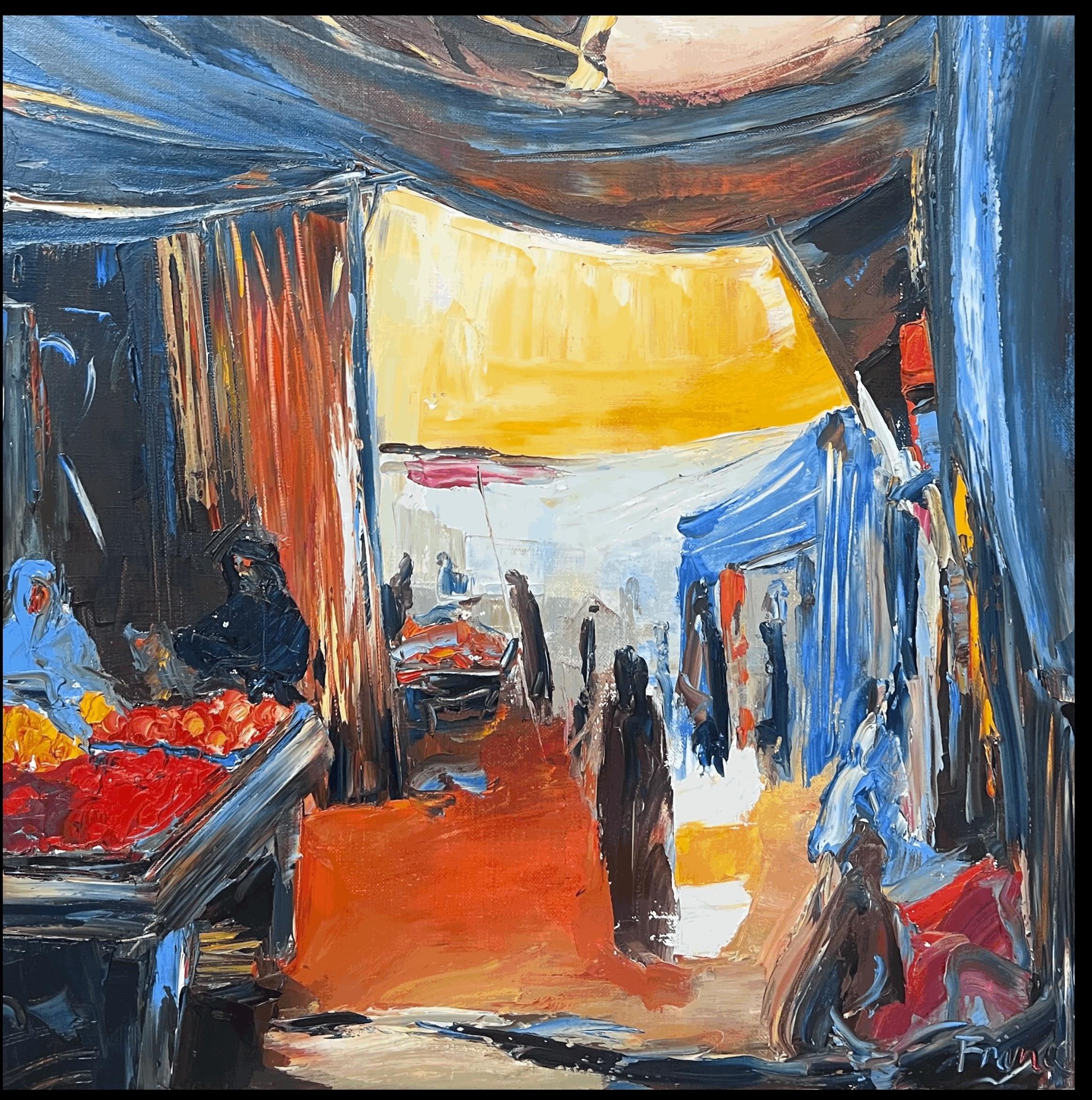 North African Street Market with Figures French Modernist Signed Painting - Gray Figurative Painting by French School