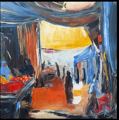 North African Street Market with Figures French Modernist Signed Painting