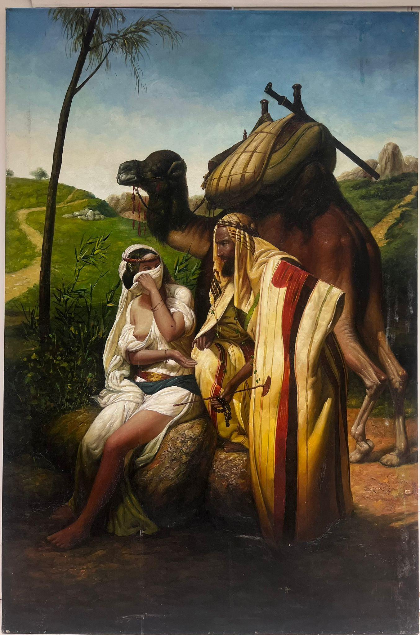North African Traveller with Camel in Landscape Large Orientalist Oil Painting - Black Landscape Painting by French School