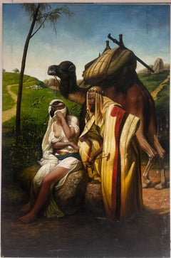 North African Traveller with Camel in Landscape Large Orientalist Oil Painting