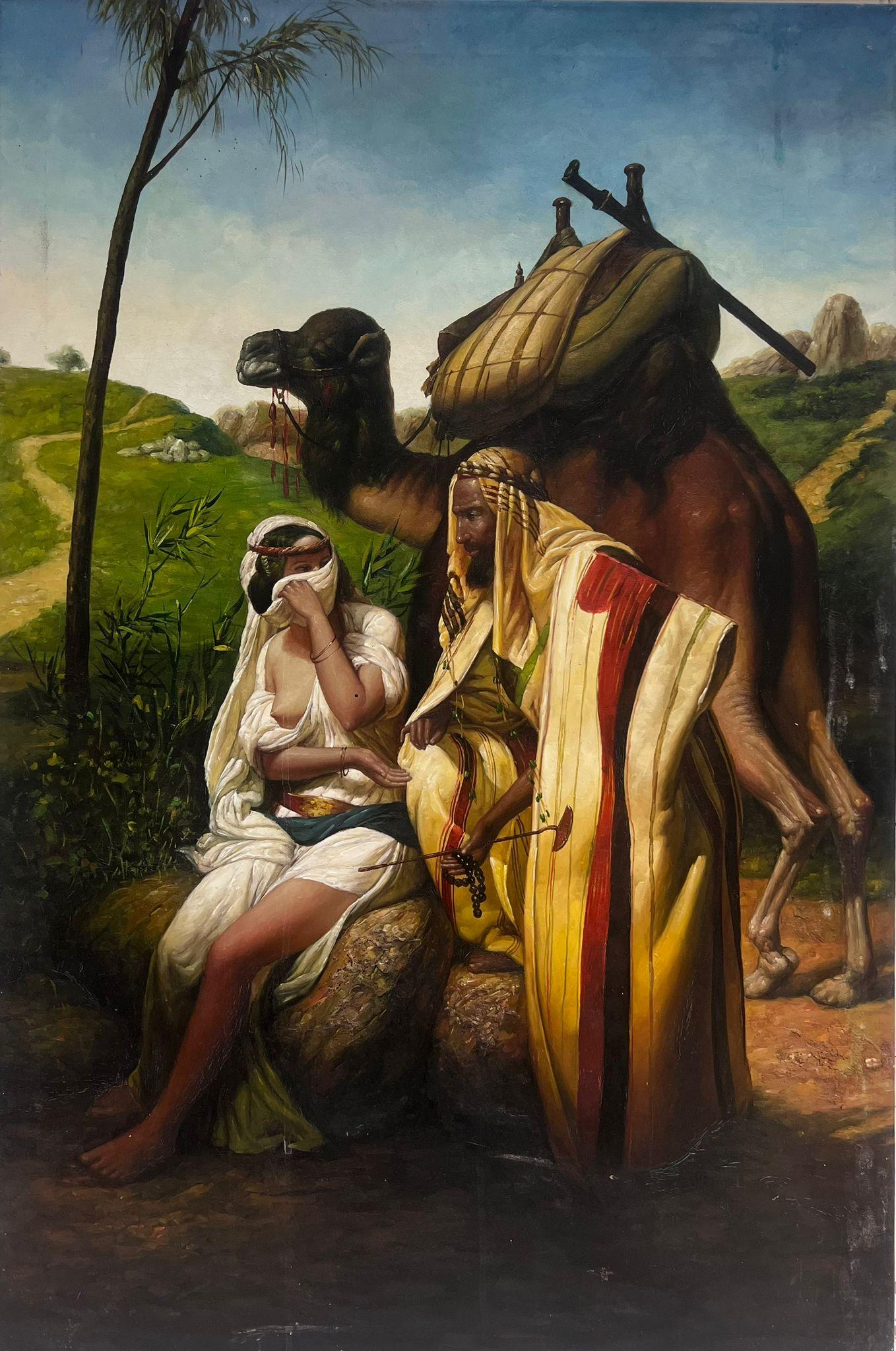 French School Landscape Painting - North African Traveller with Camel in Landscape Large Orientalist Oil Painting
