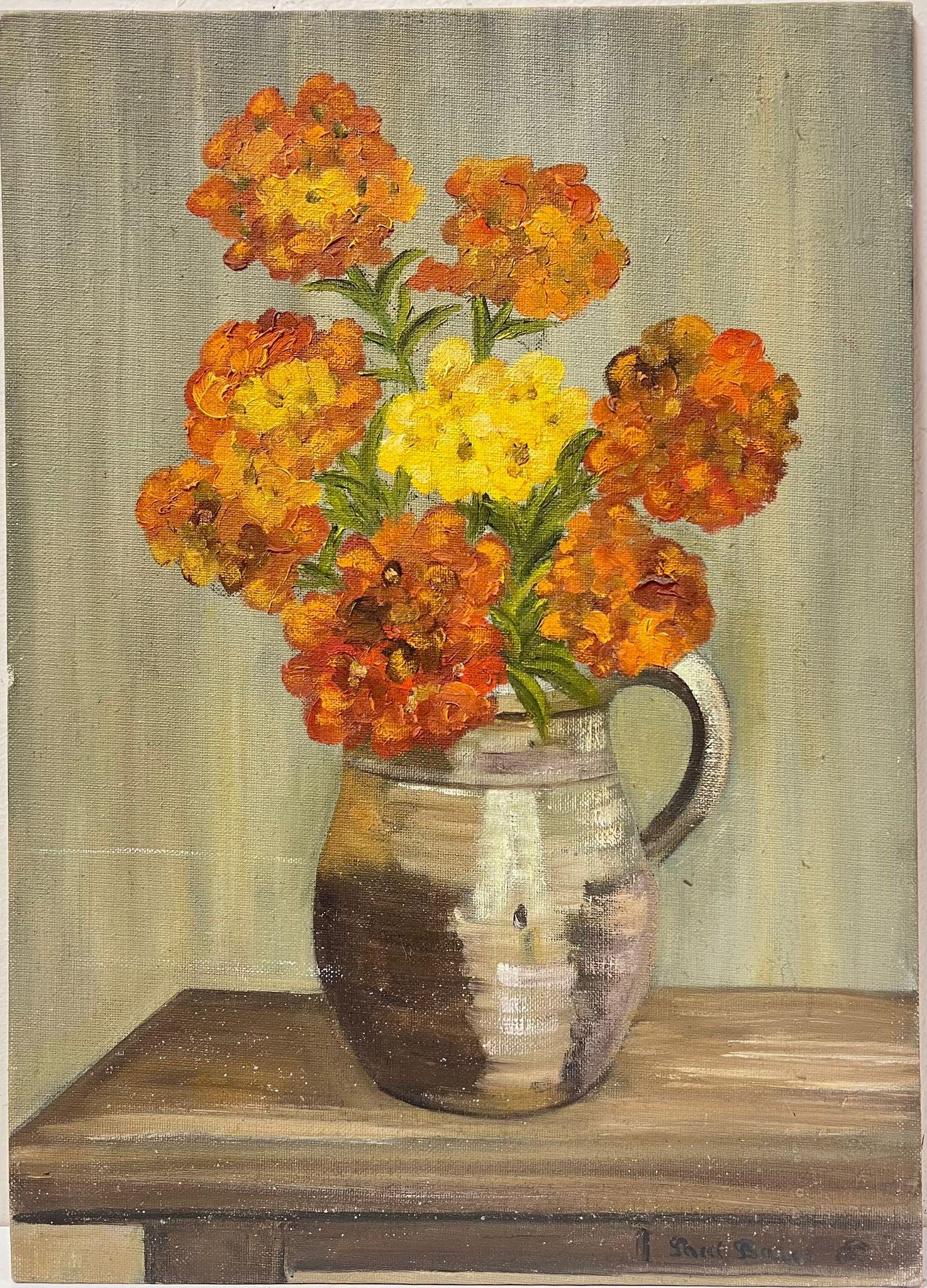 Orange und Gelb in Stein Vase auf Eiche Tisch Innenmalerei im Angebot 1