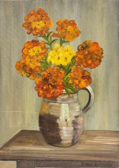 Orange und Gelb in Stein Vase auf Eiche Tisch Innenmalerei