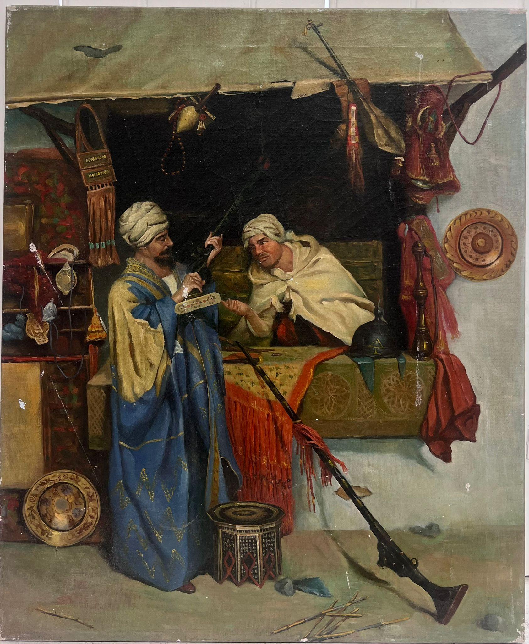 Orientalist North African Figures Market Stall City Scene large Oil Painting - Black Landscape Painting by French School