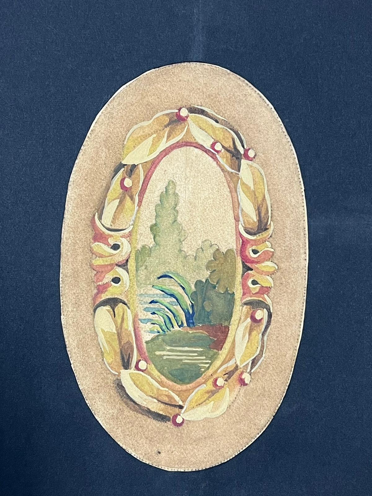 Oval Watercolor Mirror Painting Landscape Framed with Decorative Border - Art by French School