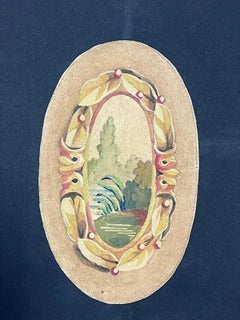 Oval Watercolor Mirror Painting Landscape Framed with Decorative Border