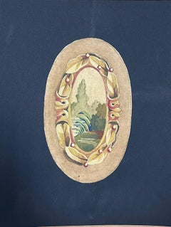 Oval Watercolor Mirror Painting Landscape Framed with Decorative Border