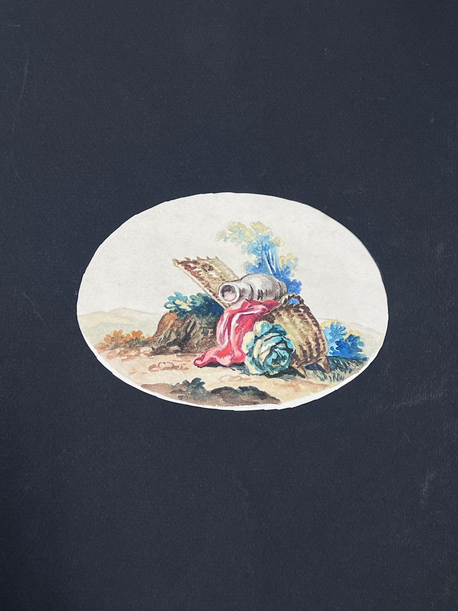 Pair of Delicate Oval Watercolor Illustrations of Pastoral Still Life - Painting by French School