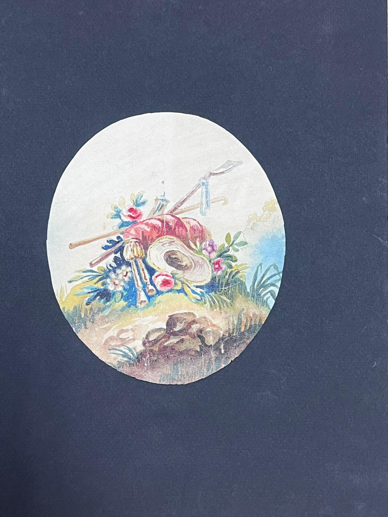 Pair of Delicate Oval Watercolor Illustrations of Pastoral Still Life - Modern Painting by French School