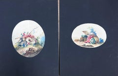 Pair of Delicate Oval Watercolor Illustrations of Pastoral Still Life
