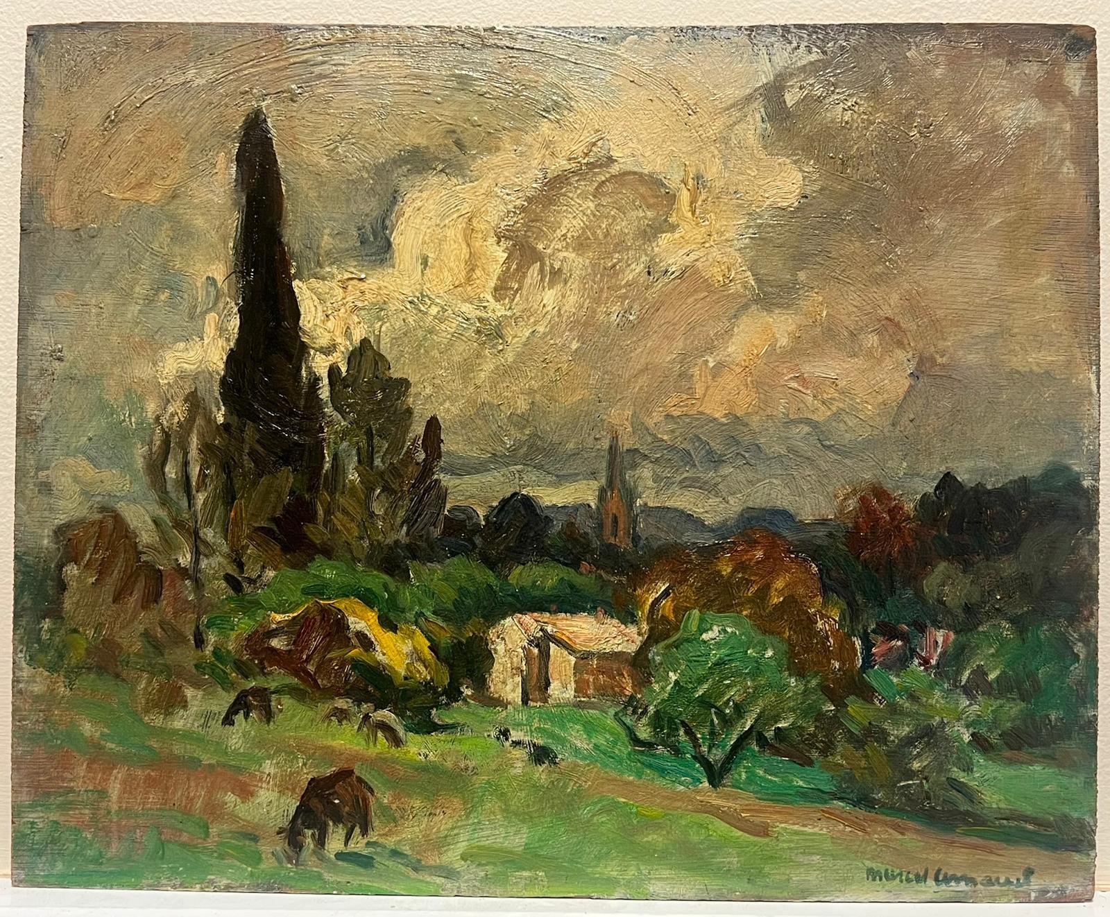 Pastoral Landscape Under a Dramatic Sky Horse Munching on Grass Oil Landscape - Painting by French School