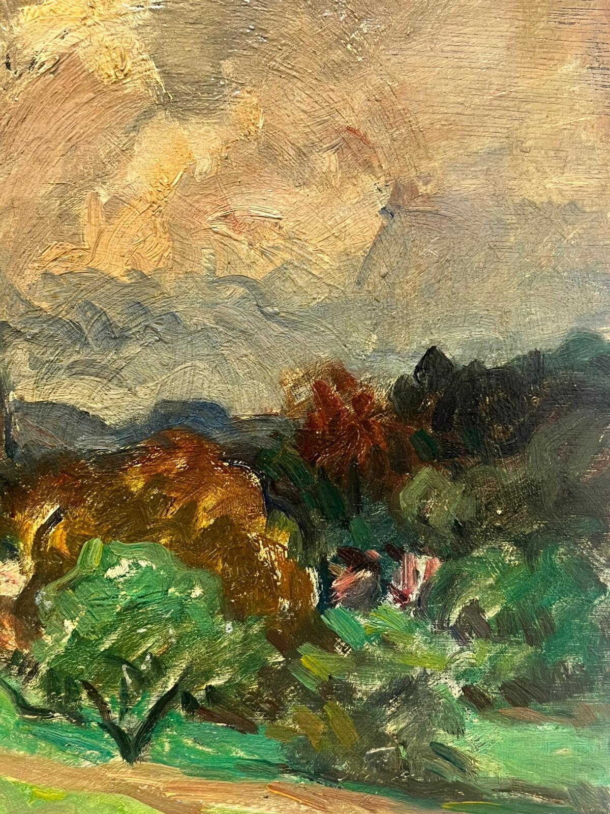 Pastoral Landscape Under a Dramatic Sky Horse Munching on Grass Oil Landscape - Impressionist Painting by French School