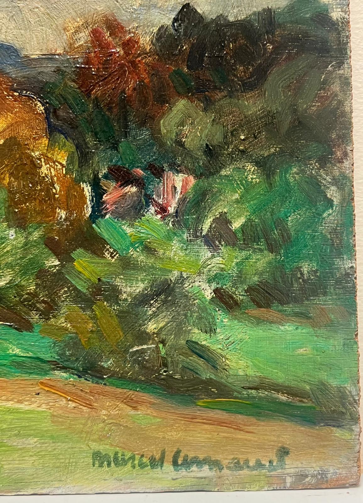 Pastoral Landscape Under a Dramatic Sky Horse Munching on Grass Oil Landscape - Brown Landscape Painting by French School