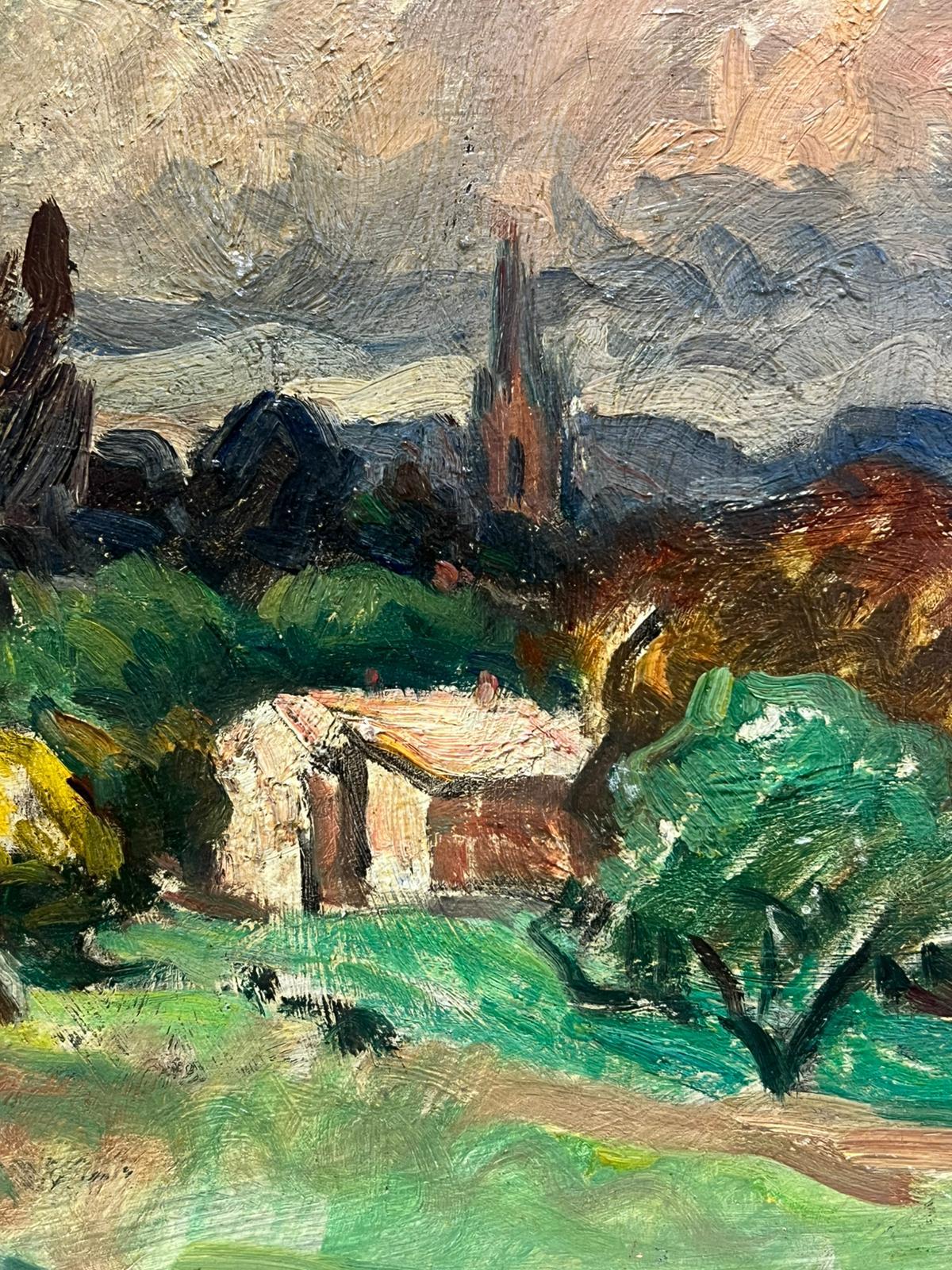 Pastoral Landscape
French Post Impressionist, mid 20th century 
indistinctly signed oil on board, unframed
Board : 12 x 15.5 inches
Provenance: private collection, France
Condition: very sound condition

Description:
This expressive landscape