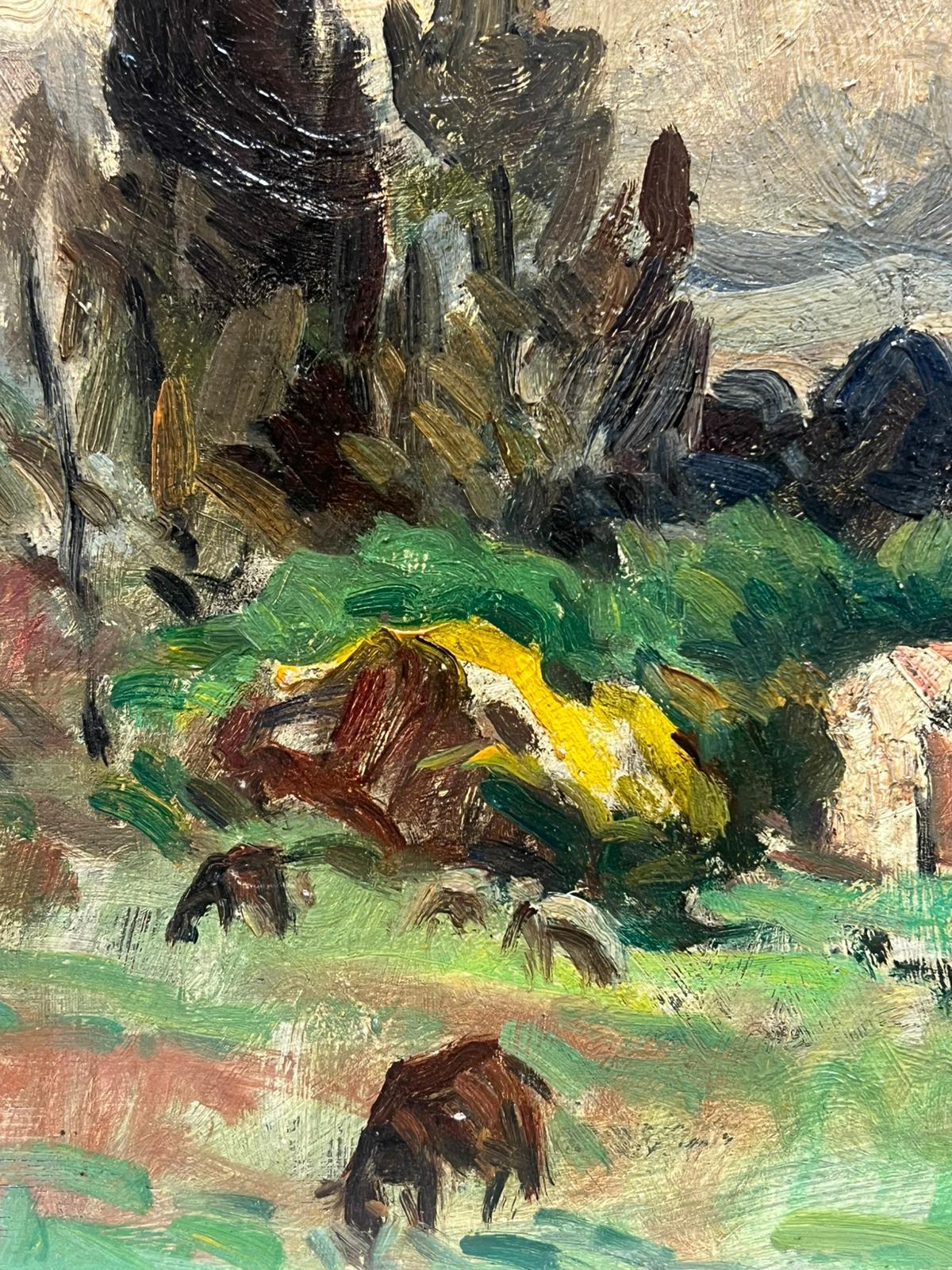 Pastoral Landscape Under a Dramatic Sky Horse Munching on Grass Oil Landscape For Sale 1