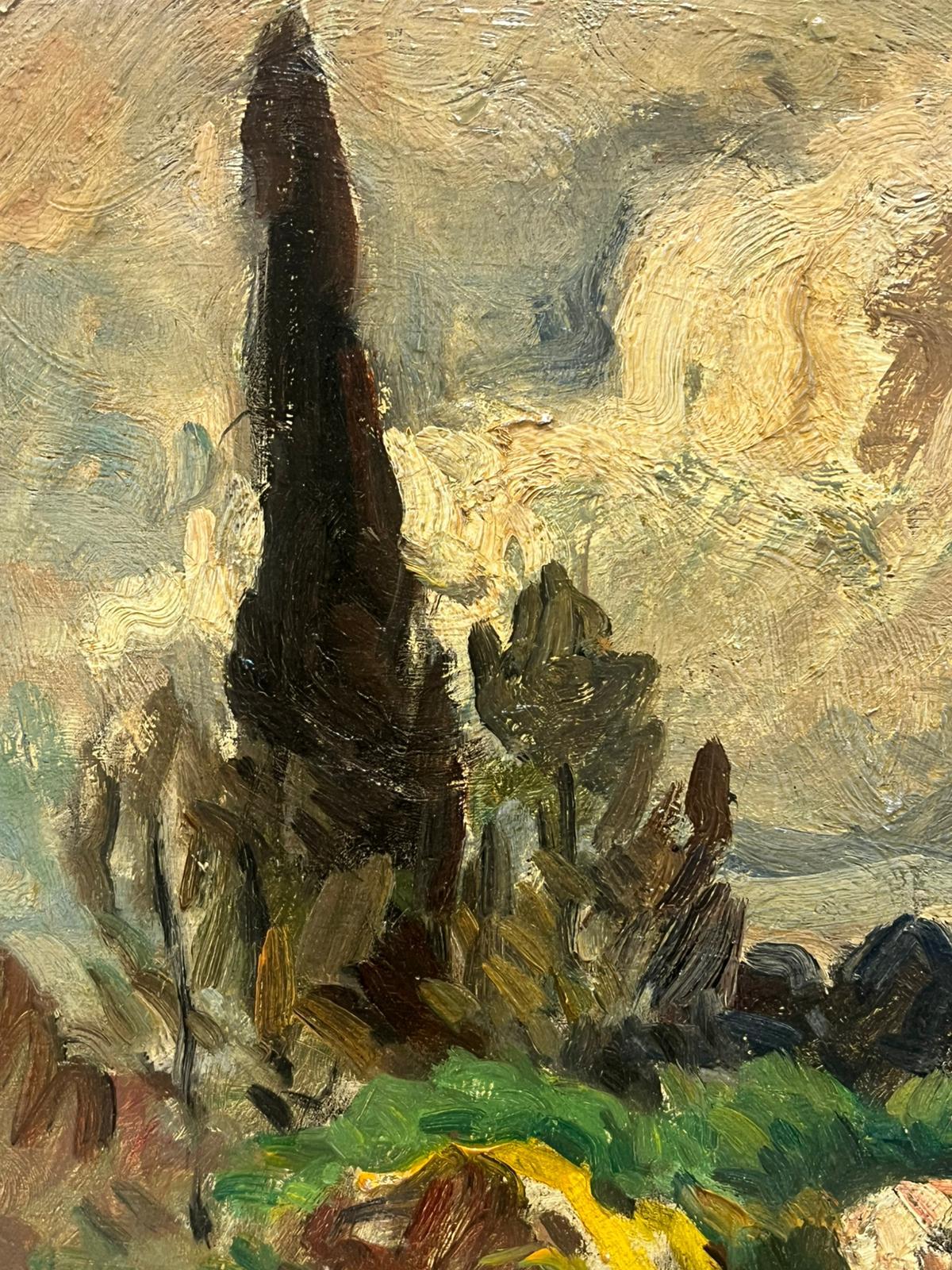 Pastoral Landscape Under a Dramatic Sky Horse Munching on Grass Oil Landscape For Sale 2