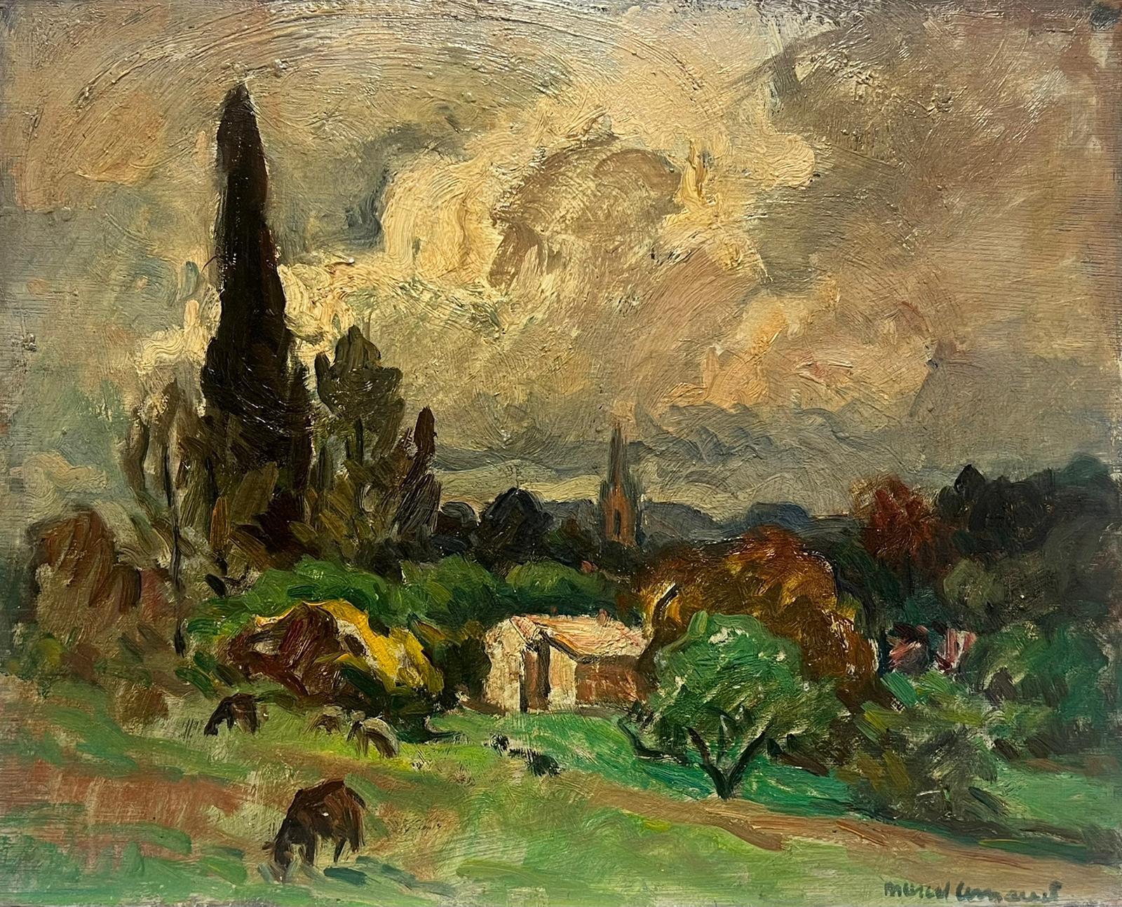 French School Landscape Painting - Pastoral Landscape Under a Dramatic Sky Horse Munching on Grass Oil Landscape