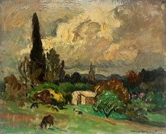 Pastoral Landscape Under a Dramatic Sky Horse Munching on Grass Oil Landscape