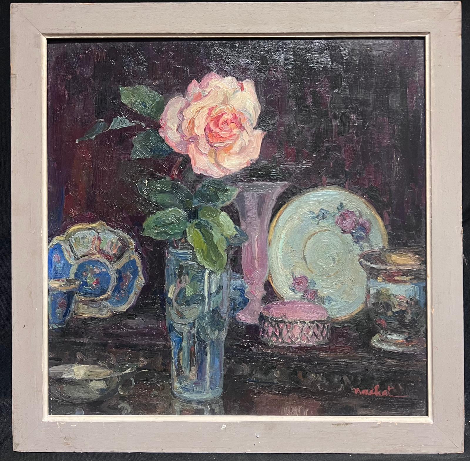 Rosa Rose in Vase, signierte französische impressionistische Interieurszene, Ölgemälde – Painting von French School