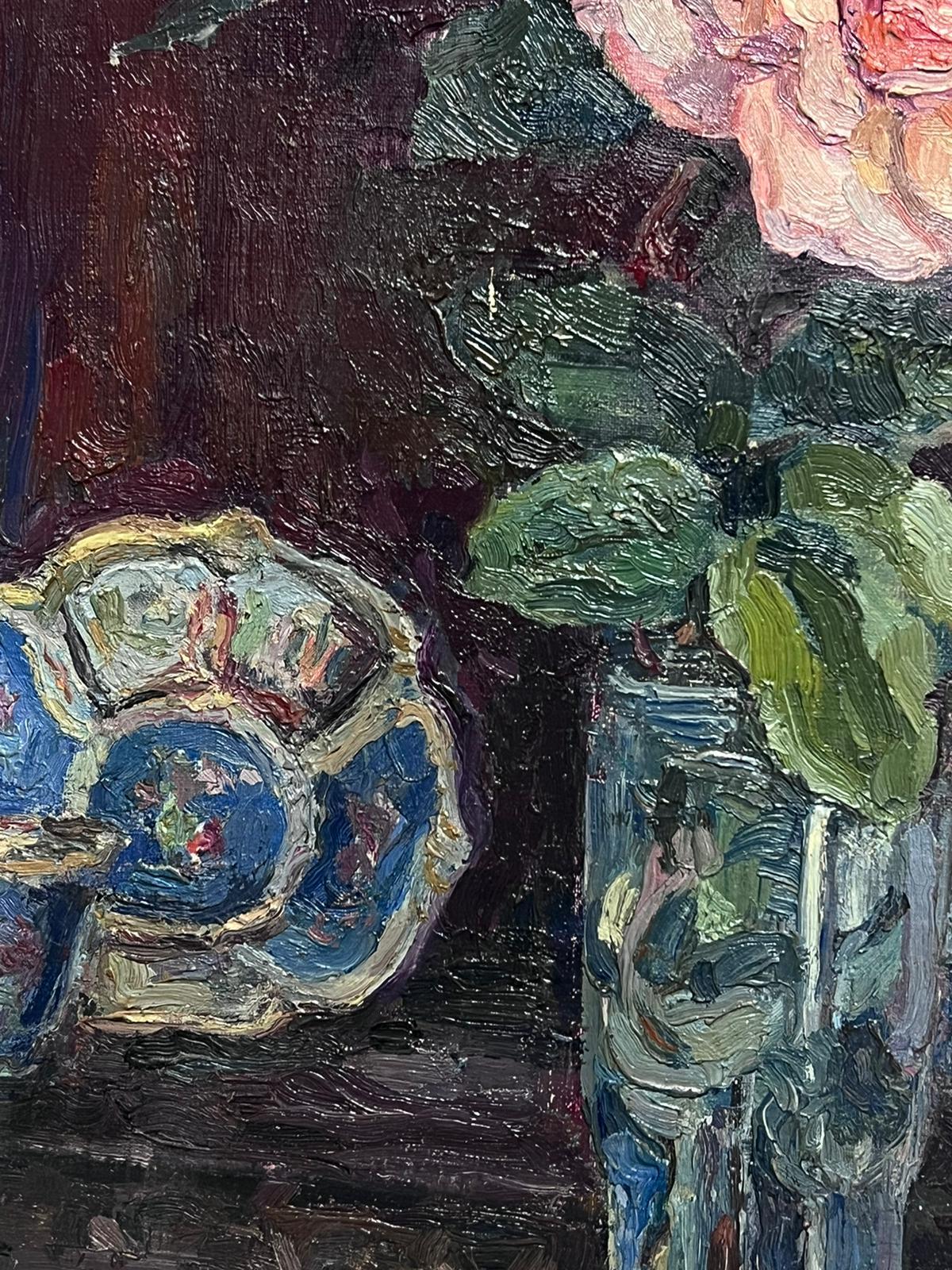 Rosa Rose in Vase, signierte französische impressionistische Interieurszene, Ölgemälde (Impressionismus), Painting, von French School