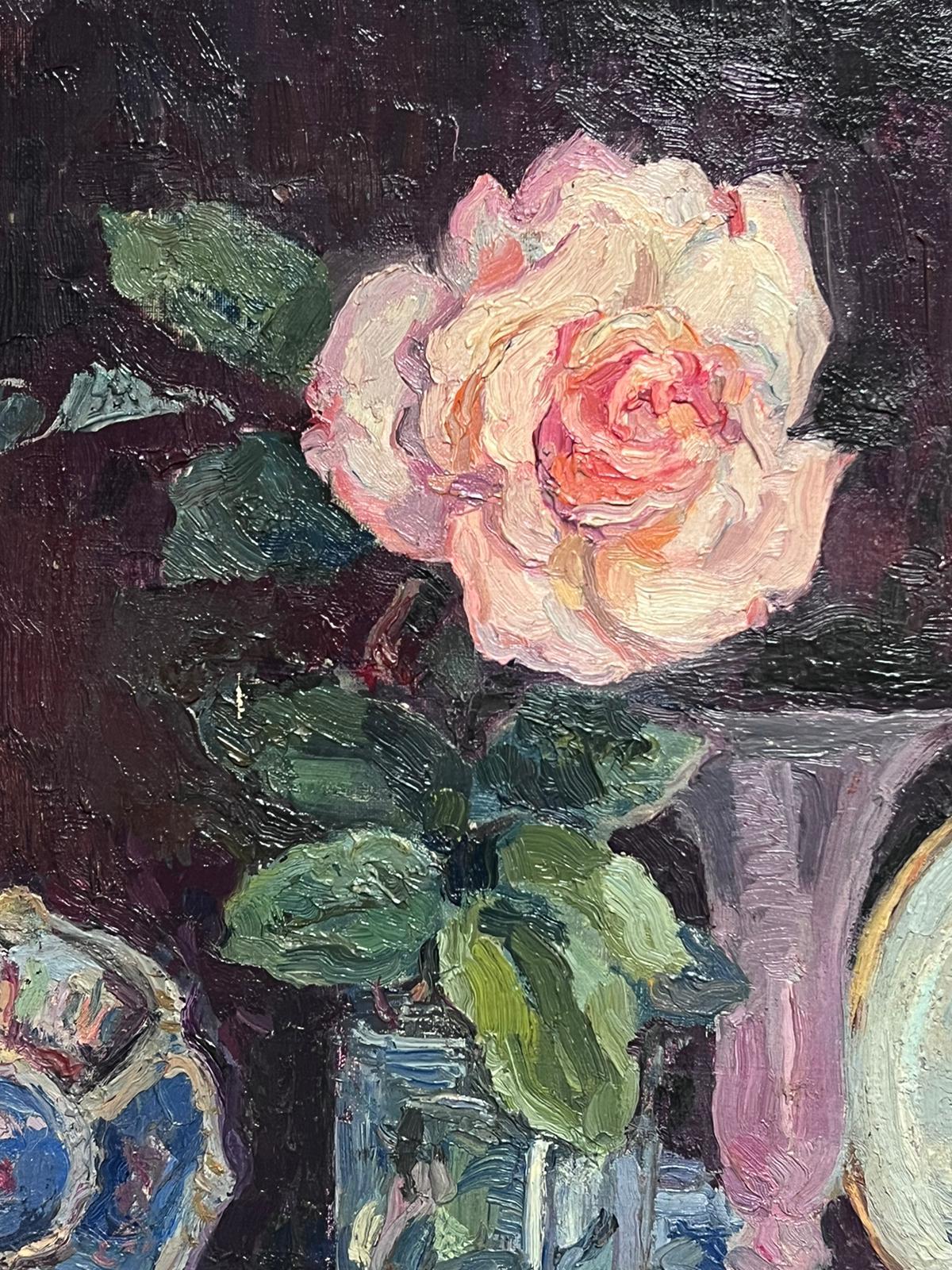 Pink Rose in Vase Signed French Impressionist Interior Scene Oil Painting For Sale 4