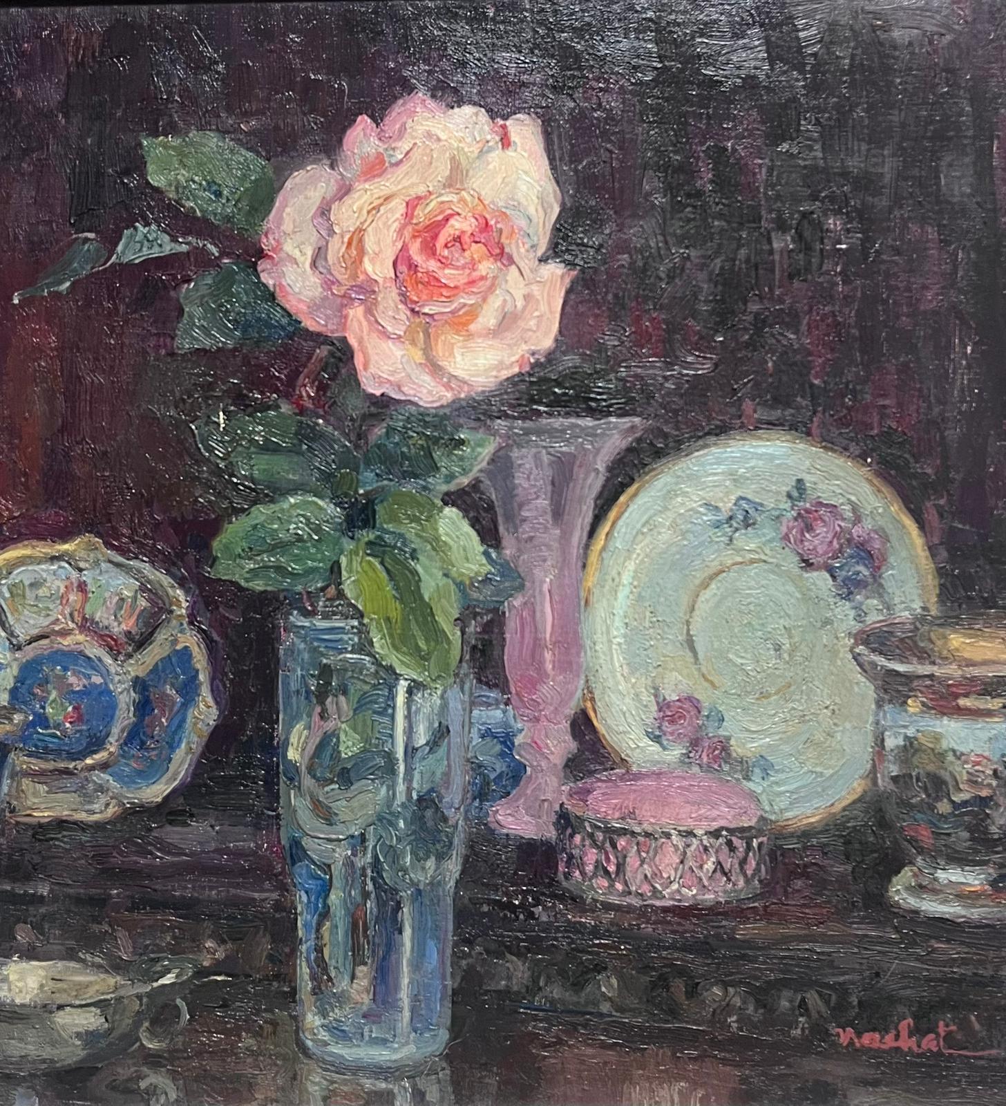 French School Still-Life Painting - Pink Rose in Vase Signed French Impressionist Interior Scene Oil Painting