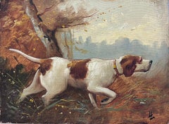 Pointer Dog Hunting in Landscape Antique French Oil Painting on Canvas
