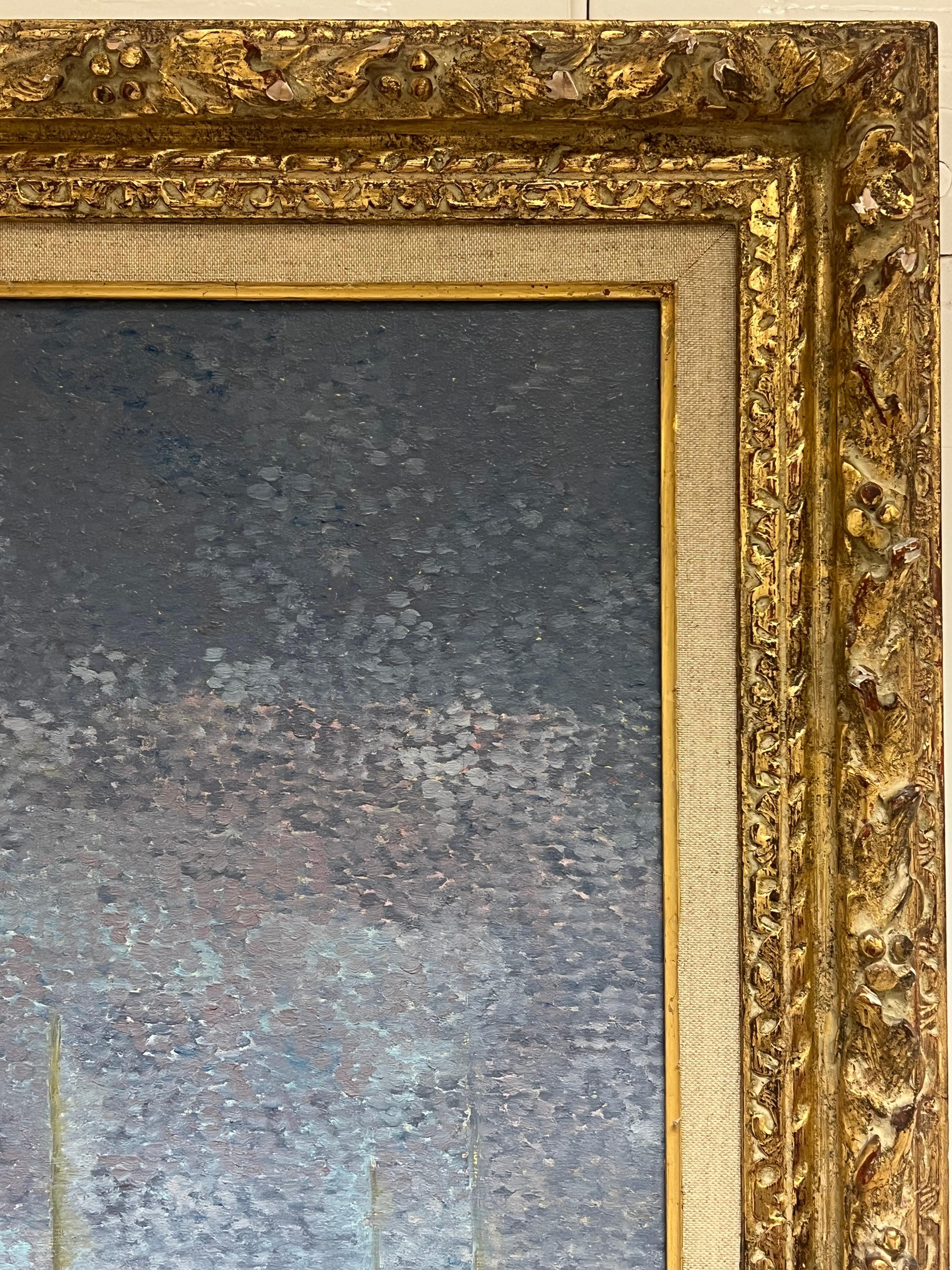 Pointillist French 20th Century Oil Painting Boats Moored on River Gilt Frame For Sale 7
