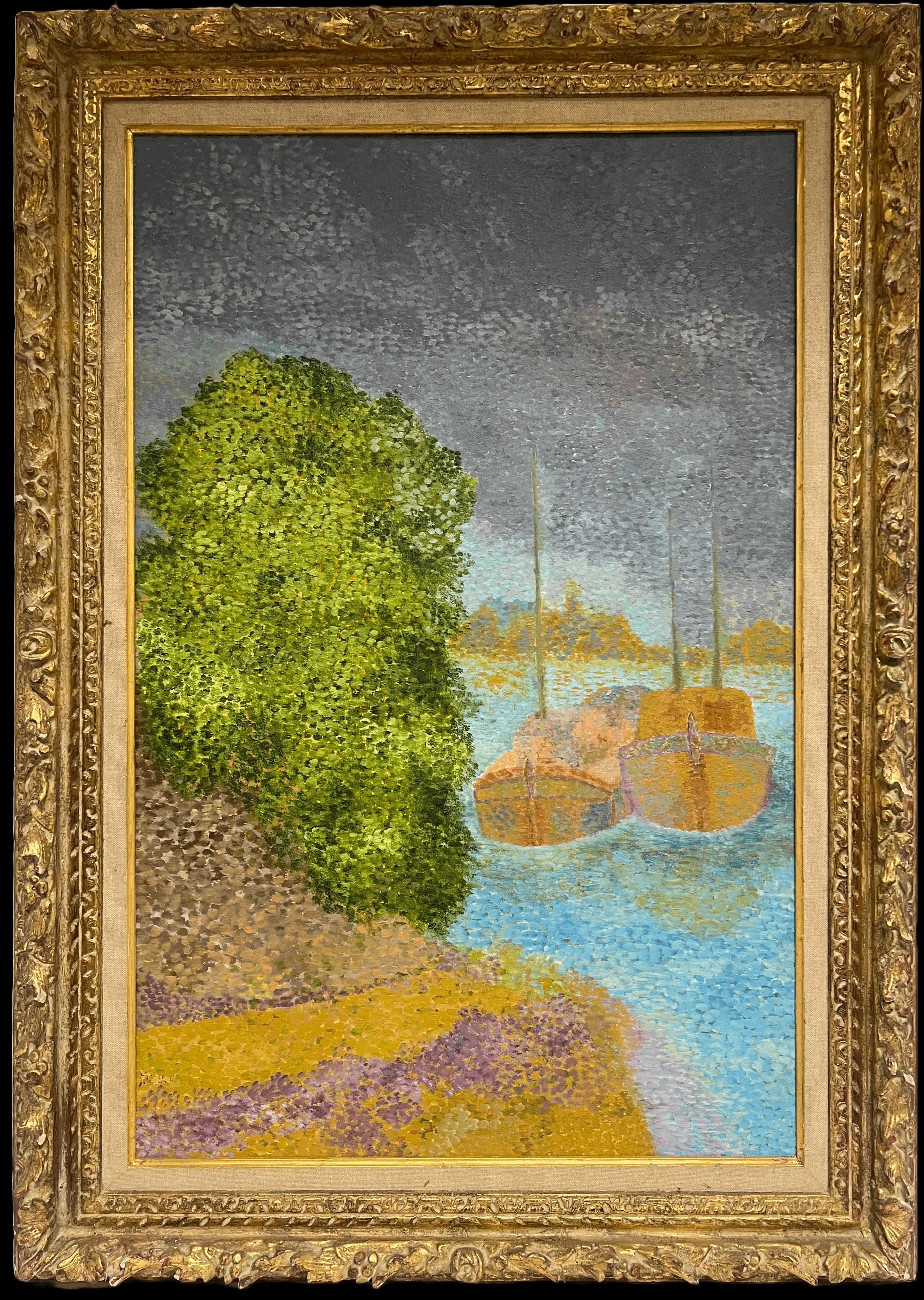 Pointillist French 20th Century Oil Painting Boats Moored on River Gilt Frame - Brown Landscape Painting by French School
