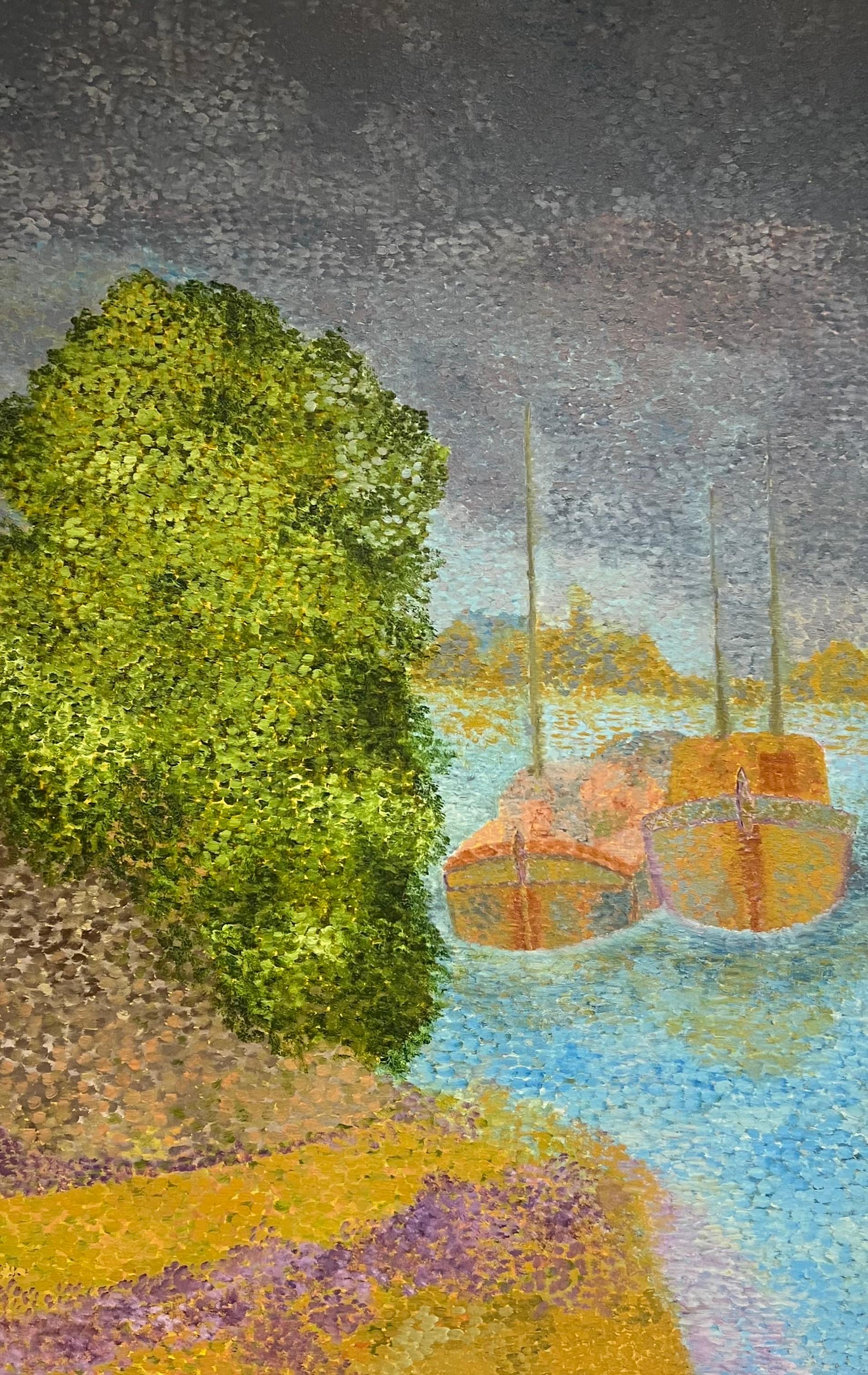 French Pointillist, mid 20th century
Boats Moored on the River,
oil on canvas, framed
framed: 40 x 28.5 inches
canvas : 34 x 22 inches
Provenance: private collection, France
Condition: very good condition

For more any more information please do