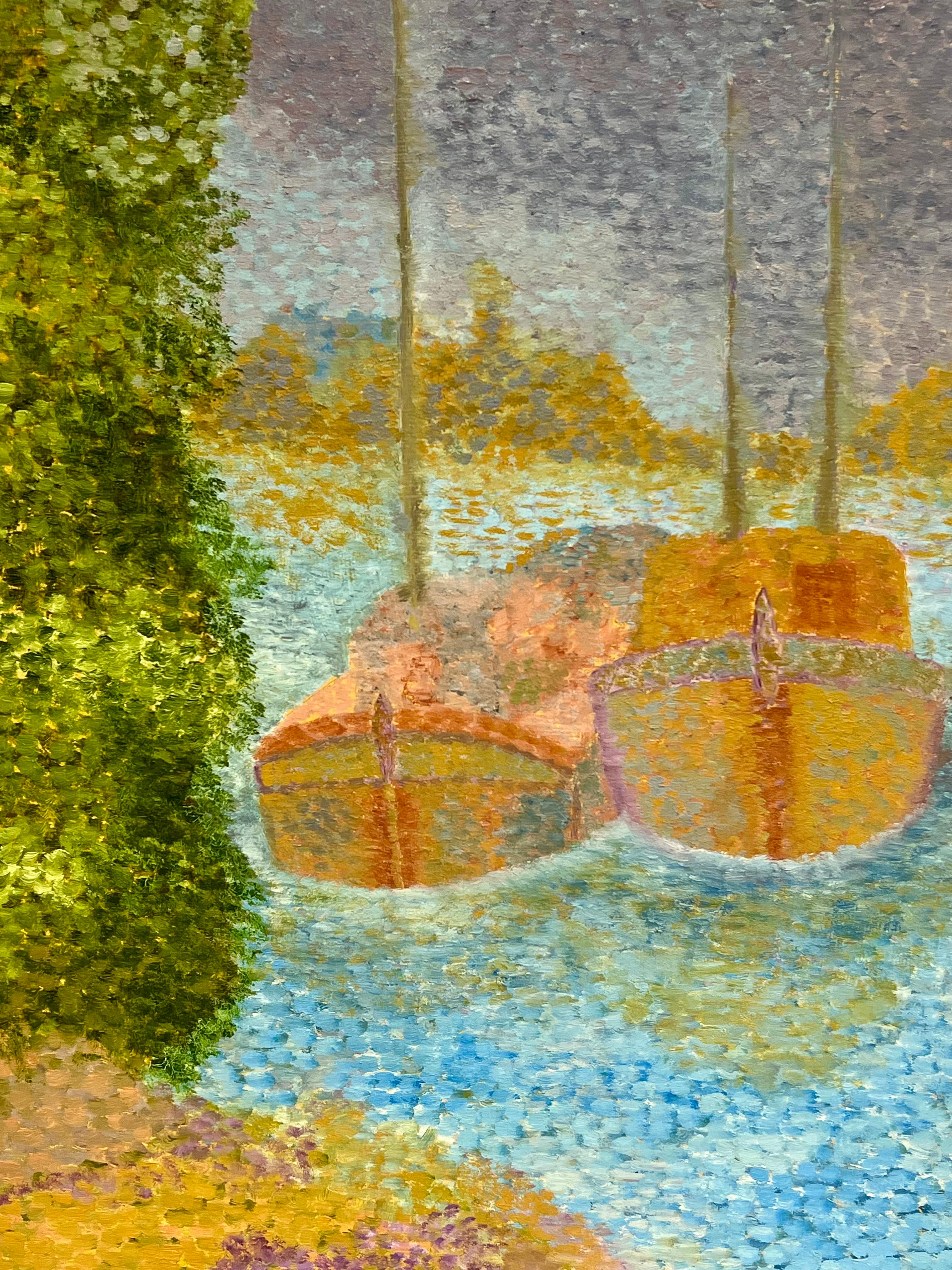 Pointillist French 20th Century Oil Painting Boats Moored on River Gilt Frame For Sale 1