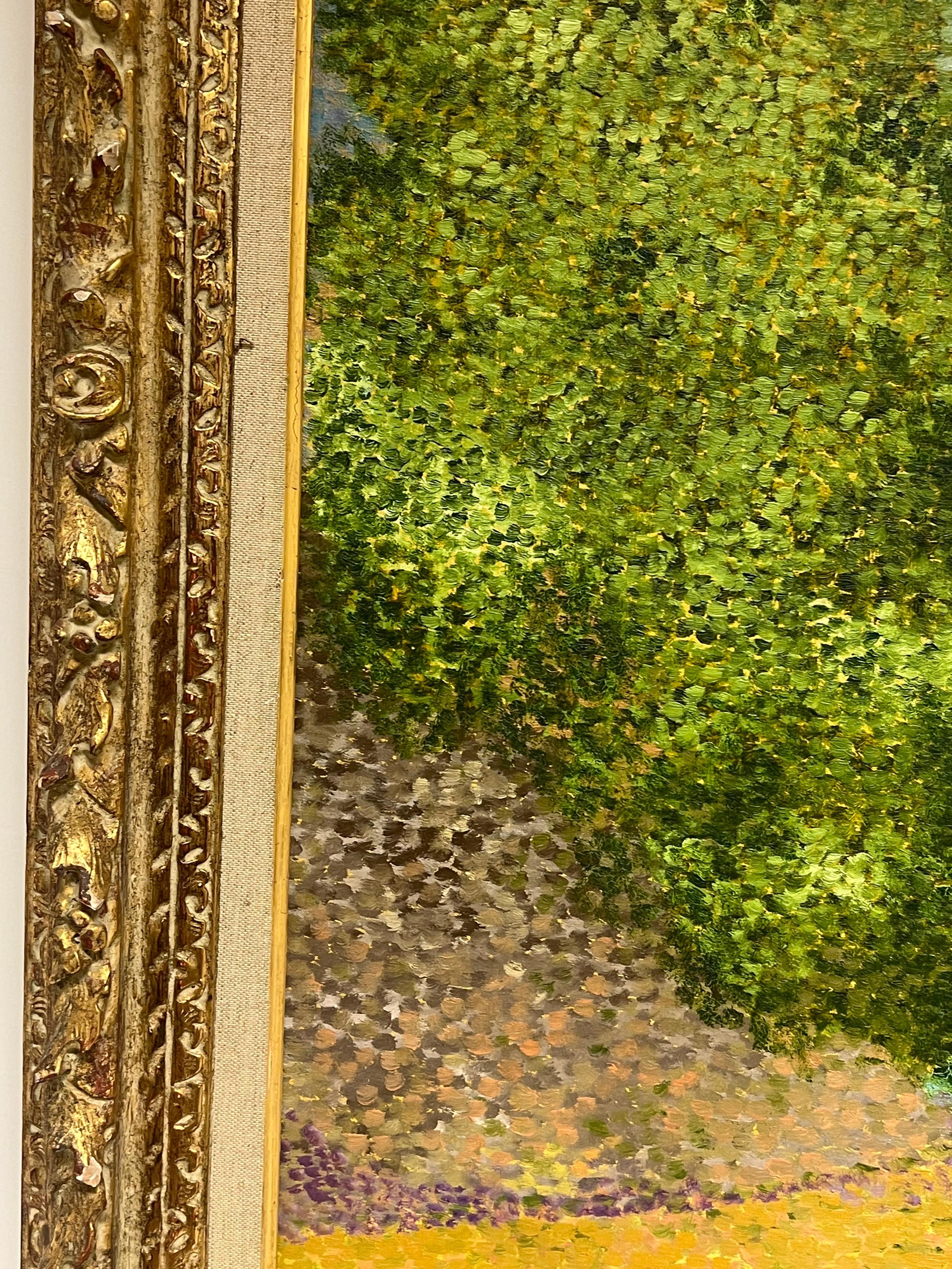 Pointillist French 20th Century Oil Painting Boats Moored on River Gilt Frame For Sale 3