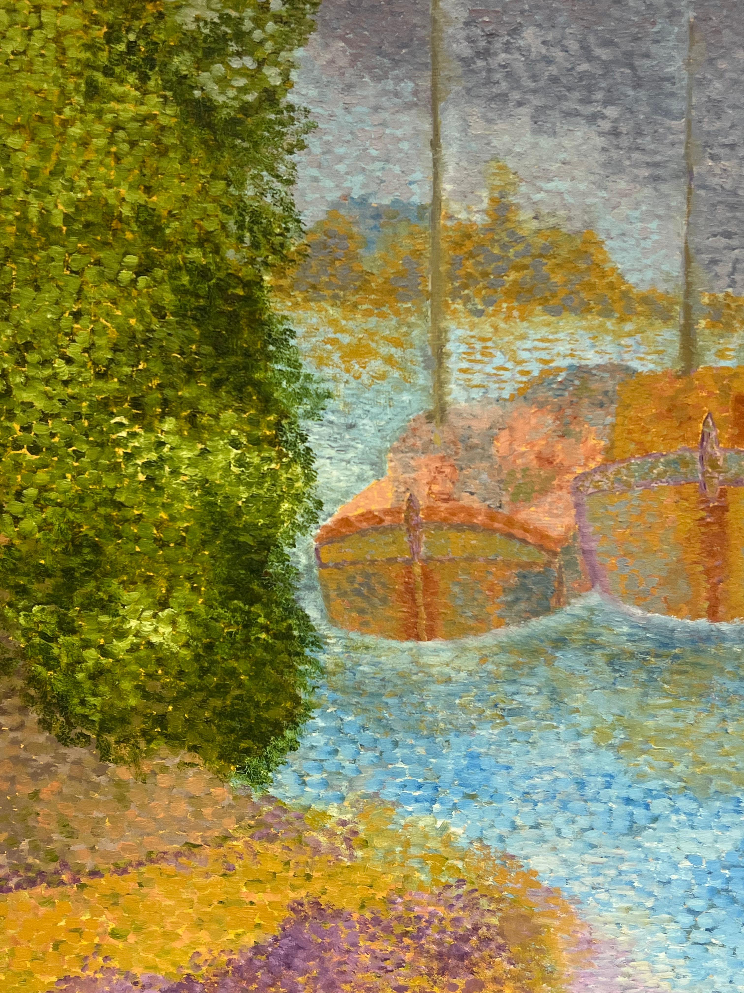 Pointillist French 20th Century Oil Painting Boats Moored on River Gilt Frame For Sale 4