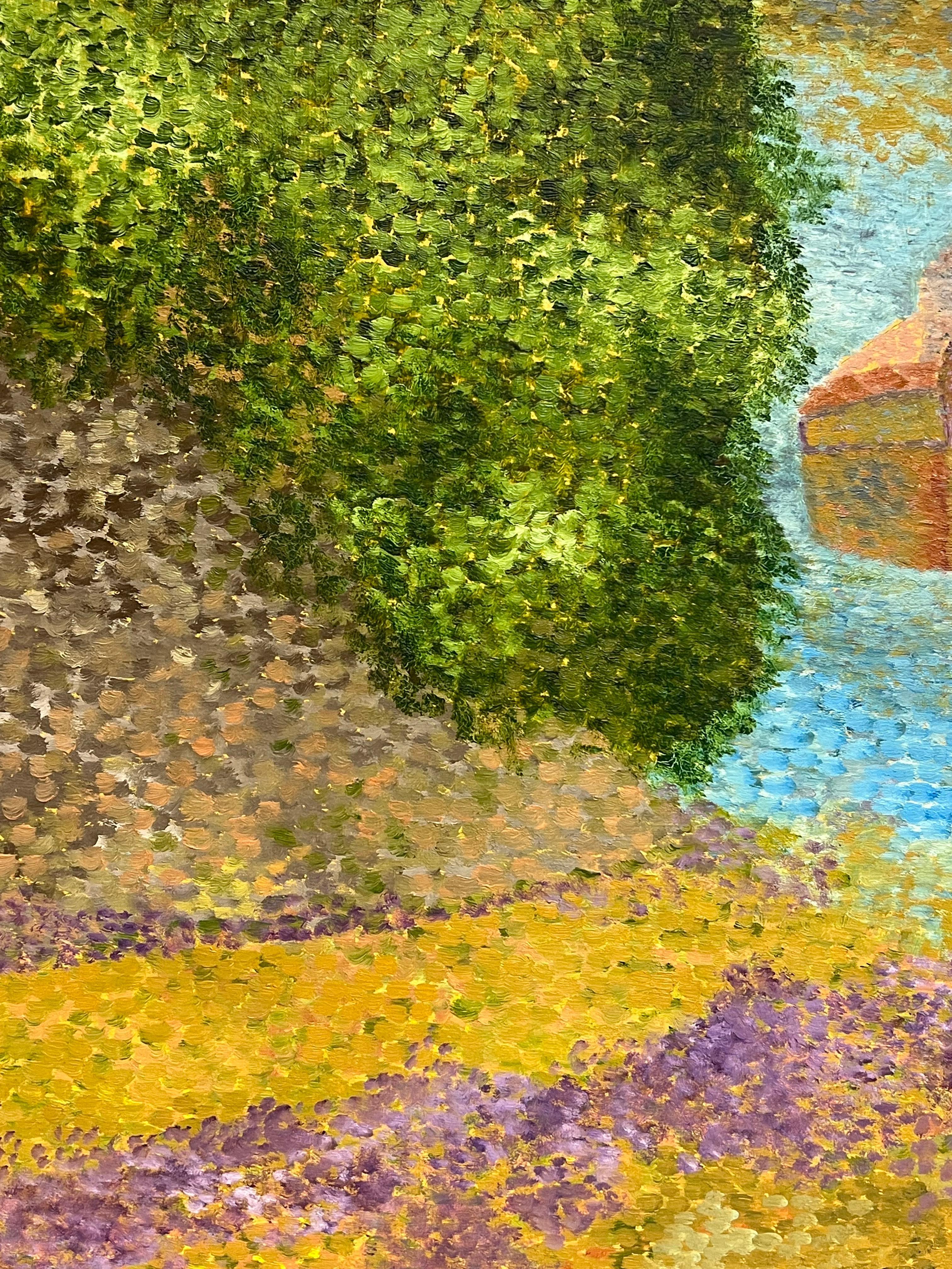 Pointillist French 20th Century Oil Painting Boats Moored on River Gilt Frame For Sale 5