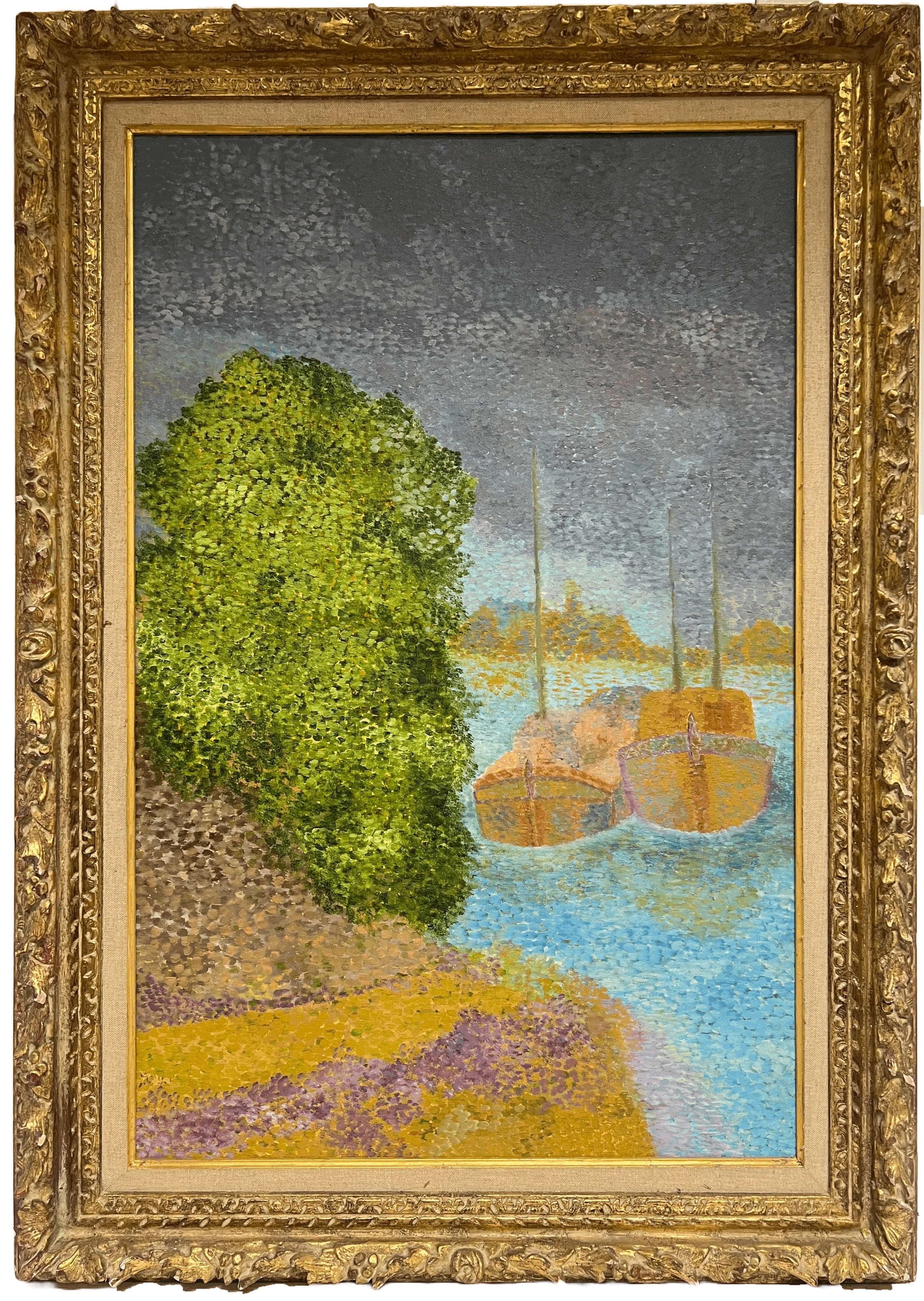 French School Landscape Painting - Pointillist French 20th Century Oil Painting Boats Moored on River Gilt Frame