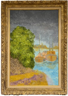 Pointillist French 20th Century Oil Painting Boats Moored on River Gilt Frame
