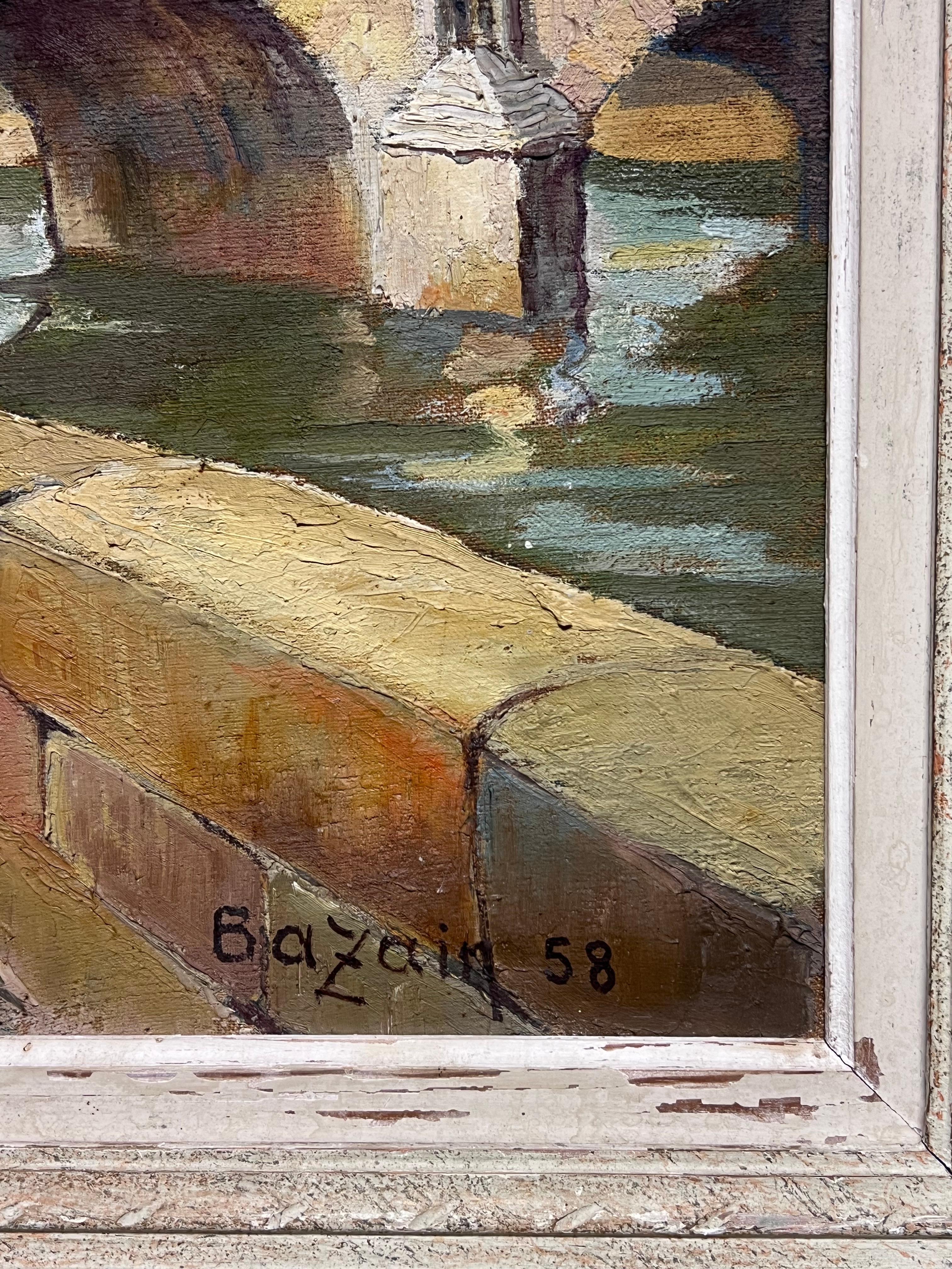 Pont Marie Bridge Paris River Seine 1950's Mid Century French Signed Oil For Sale 5