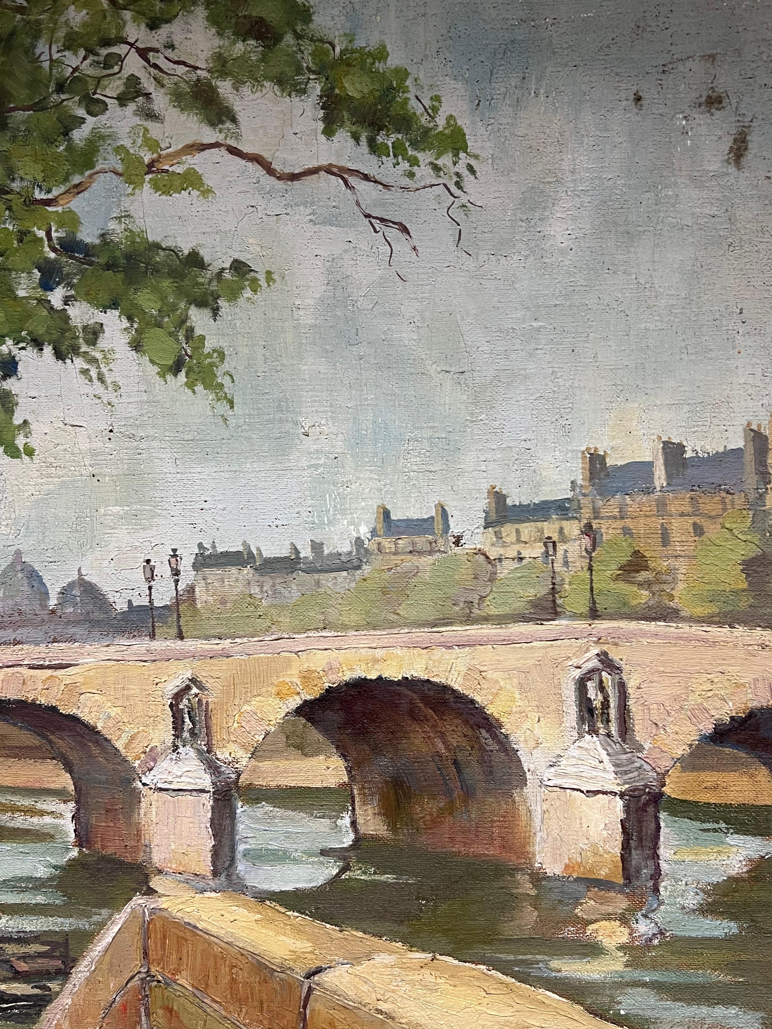 Pont Marie Bridge Paris River Seine 1950's Mid Century French Signed Oil For Sale 6