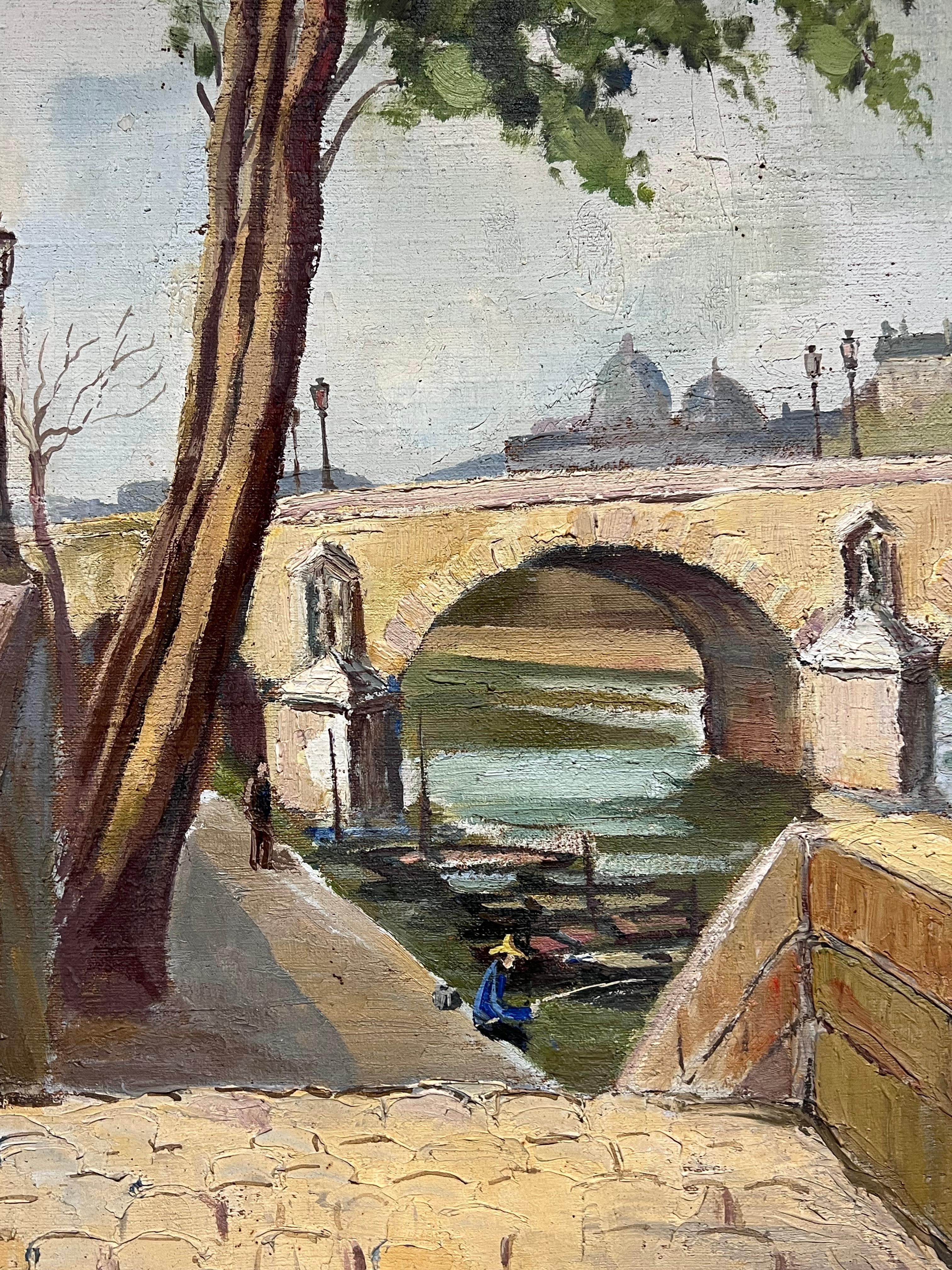Pont Marie Bridge Paris River Seine 1950's Mid Century French Signed Oil For Sale 12