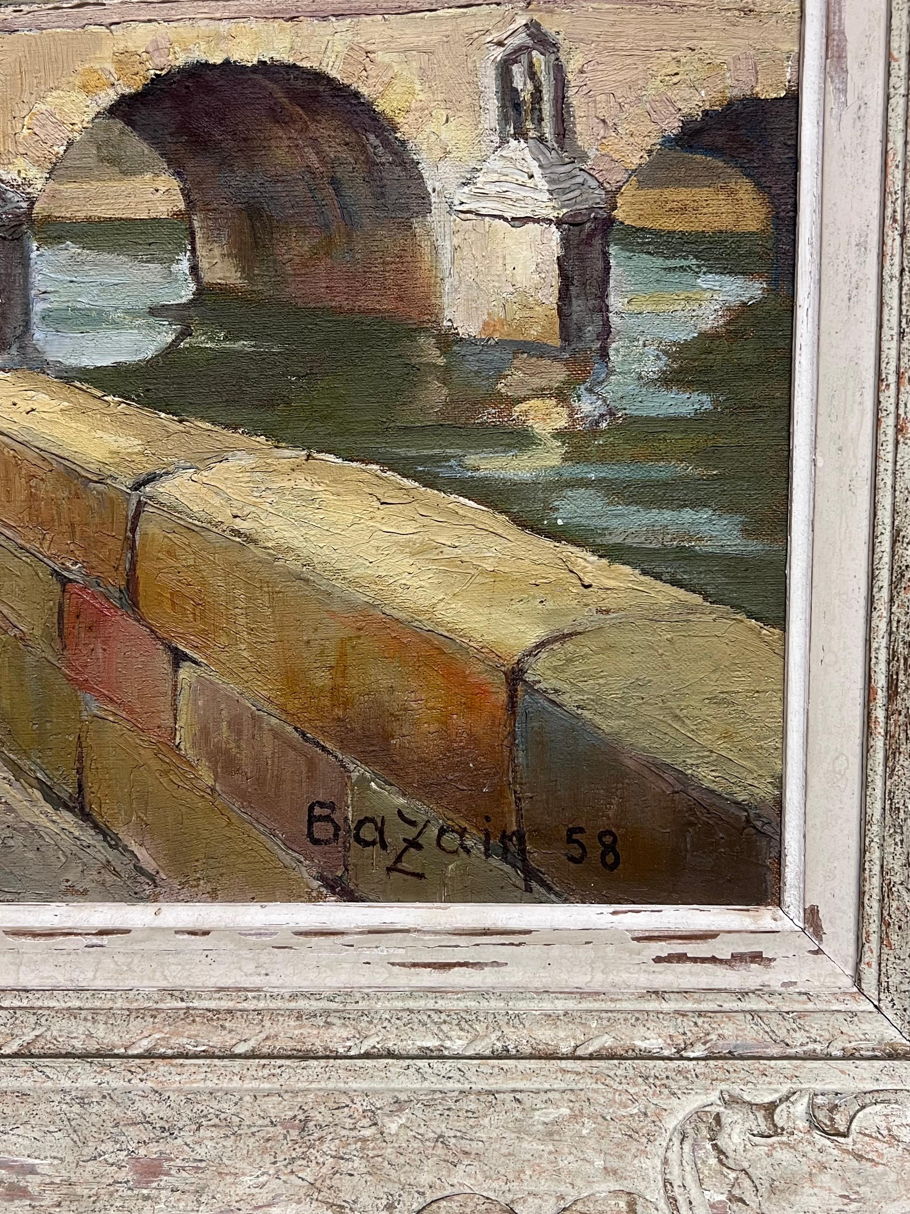 Pont Marie Bridge Paris River Seine 1950's Mid Century French Signed Oil For Sale 14