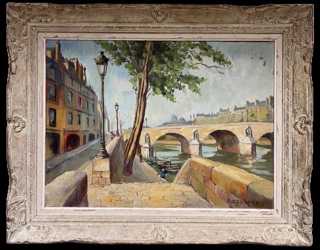 Pont Marie Bridge Paris River Seine 1950's Mid Century French Signed Oil - Painting by French School