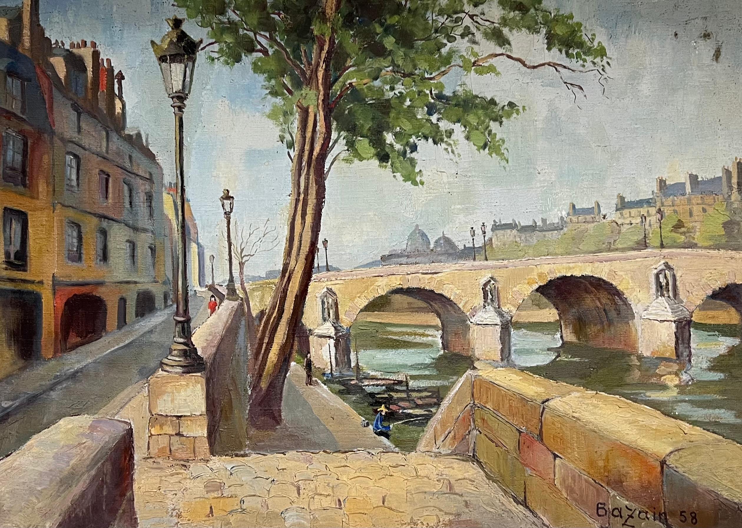 Pont Marie Bridge Paris River Seine 1950's Mid Century French Signed Oil - Impressionist Painting by French School