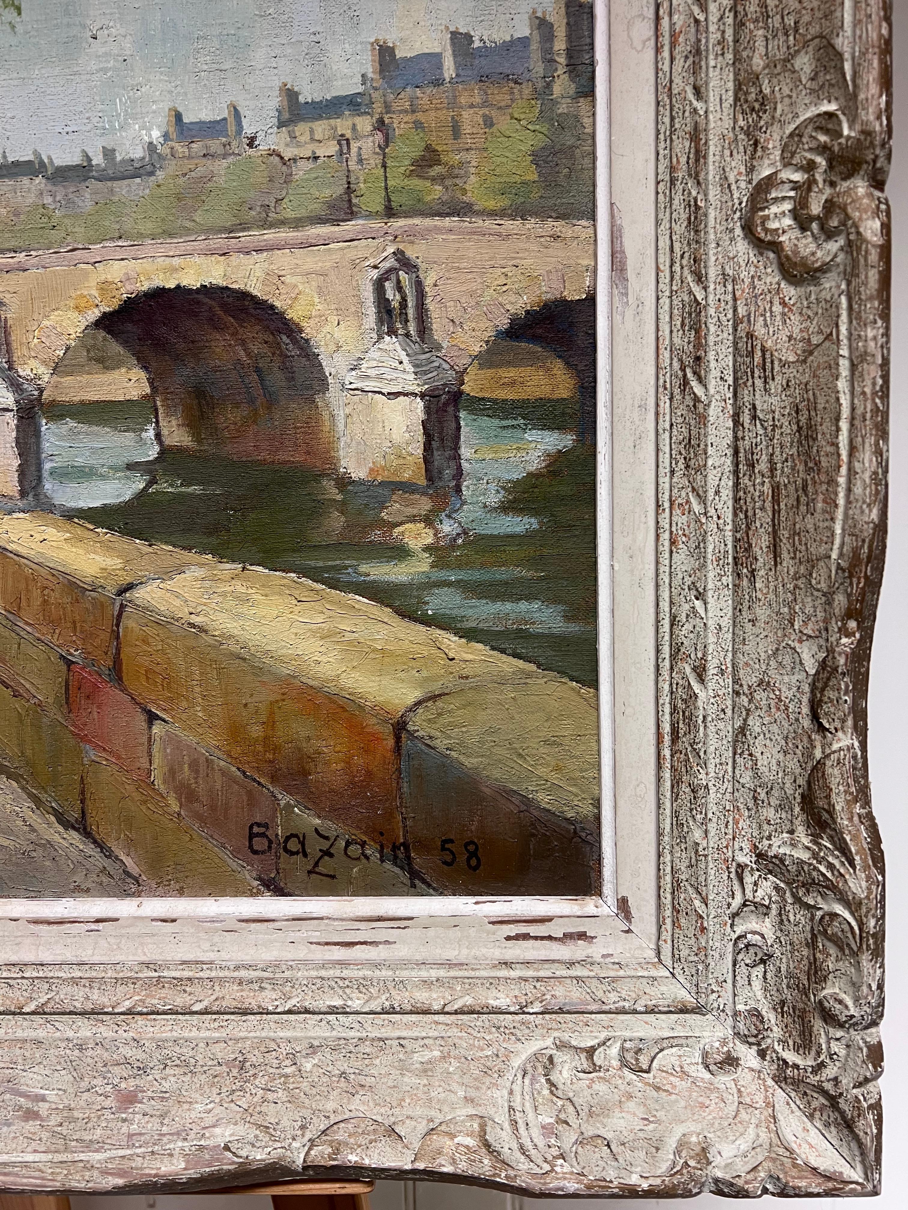 Pont Marie Bridge Paris River Seine 1950's Mid Century French Signed Oil - Brown Landscape Painting by French School