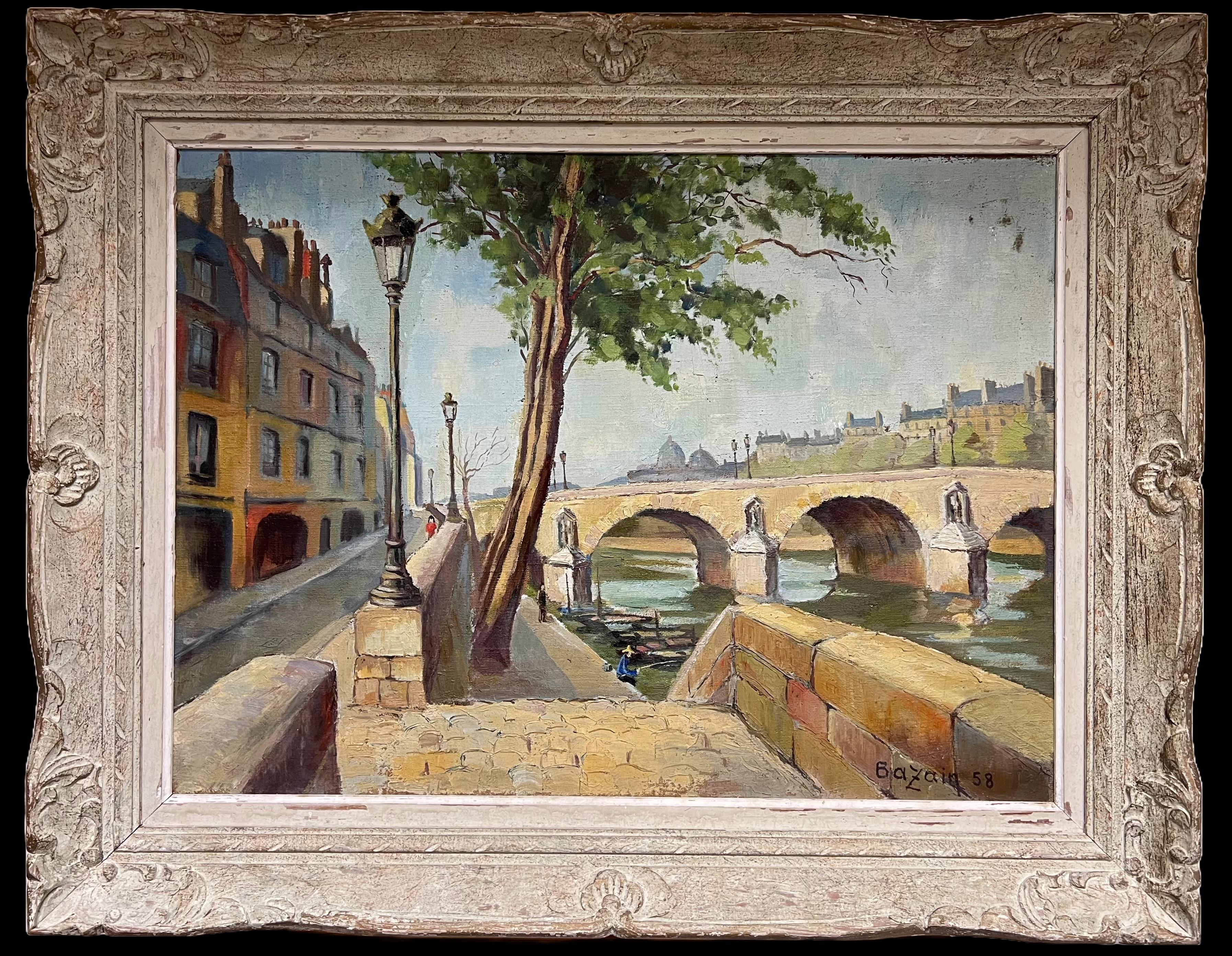 Pont Marie Bridge Paris River Seine 1950's Mid Century French Signed Oil For Sale 3