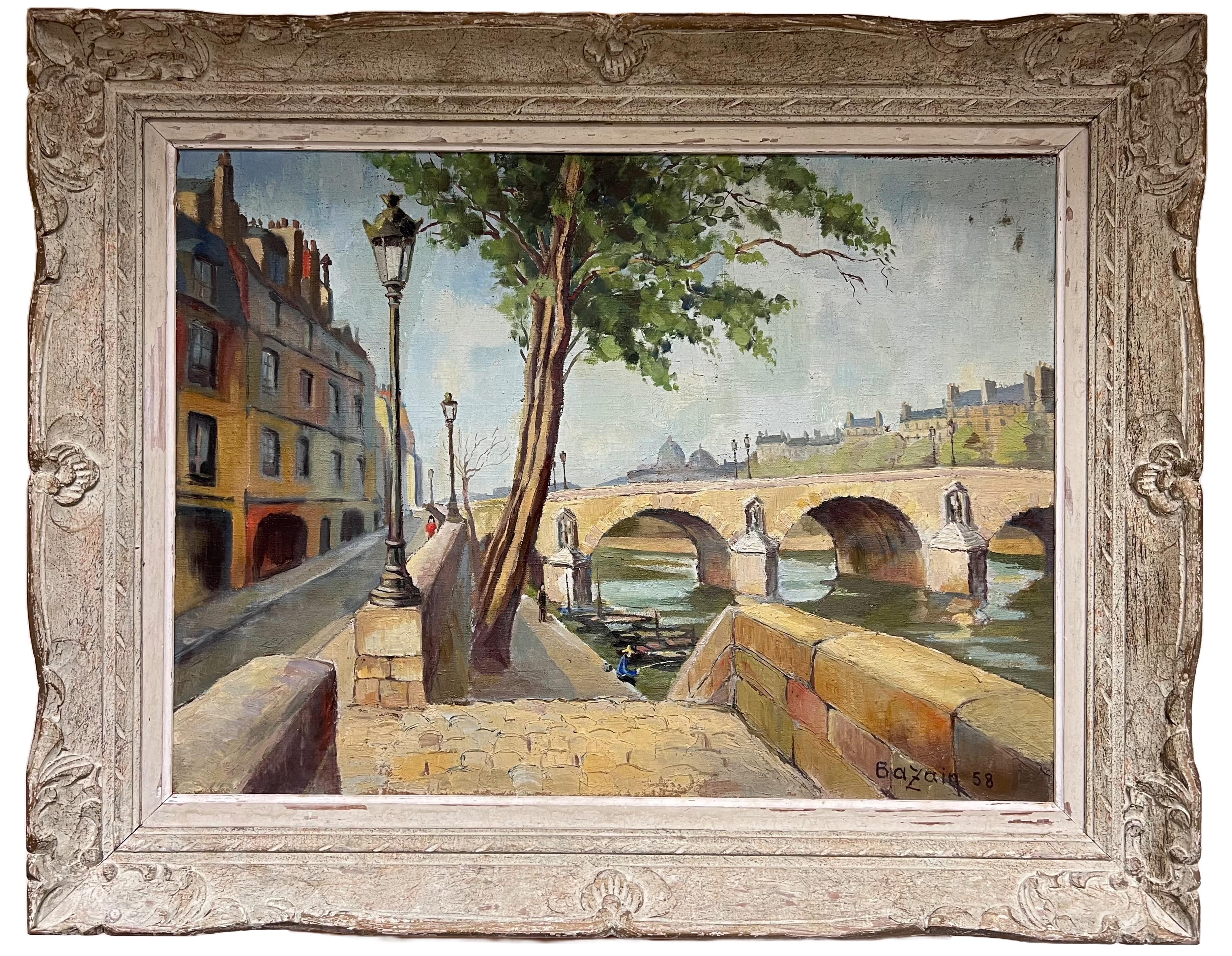 French School Landscape Painting - Pont Marie Bridge Paris River Seine 1950's Mid Century French Signed Oil
