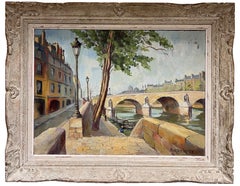 Pont Marie Bridge Paris River Seine 1950's Mid Century French Signed Oil