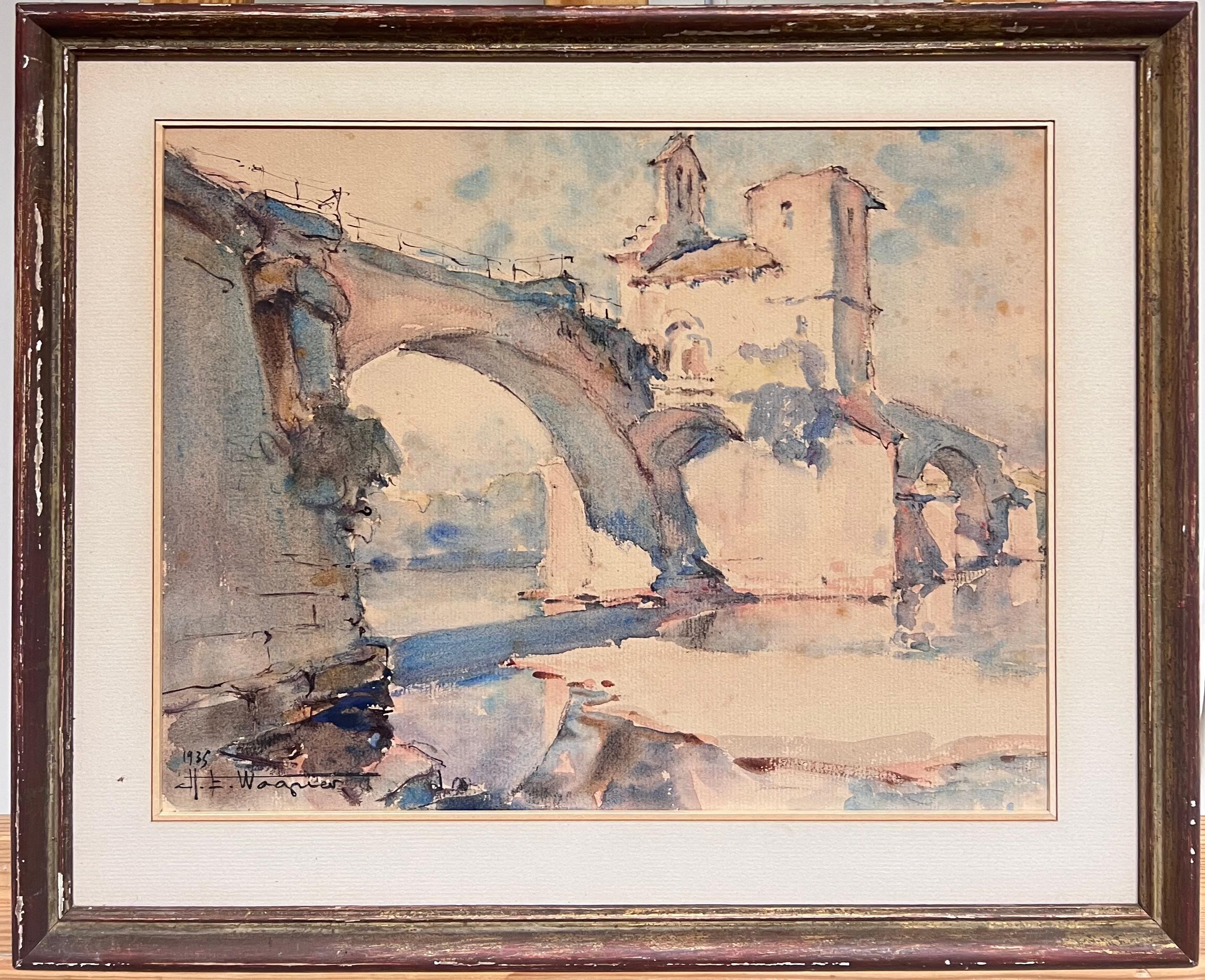 Pont Saint-Bénézet Avignone Paesaggio architettonico francese antico acquerello - Painting di French School
