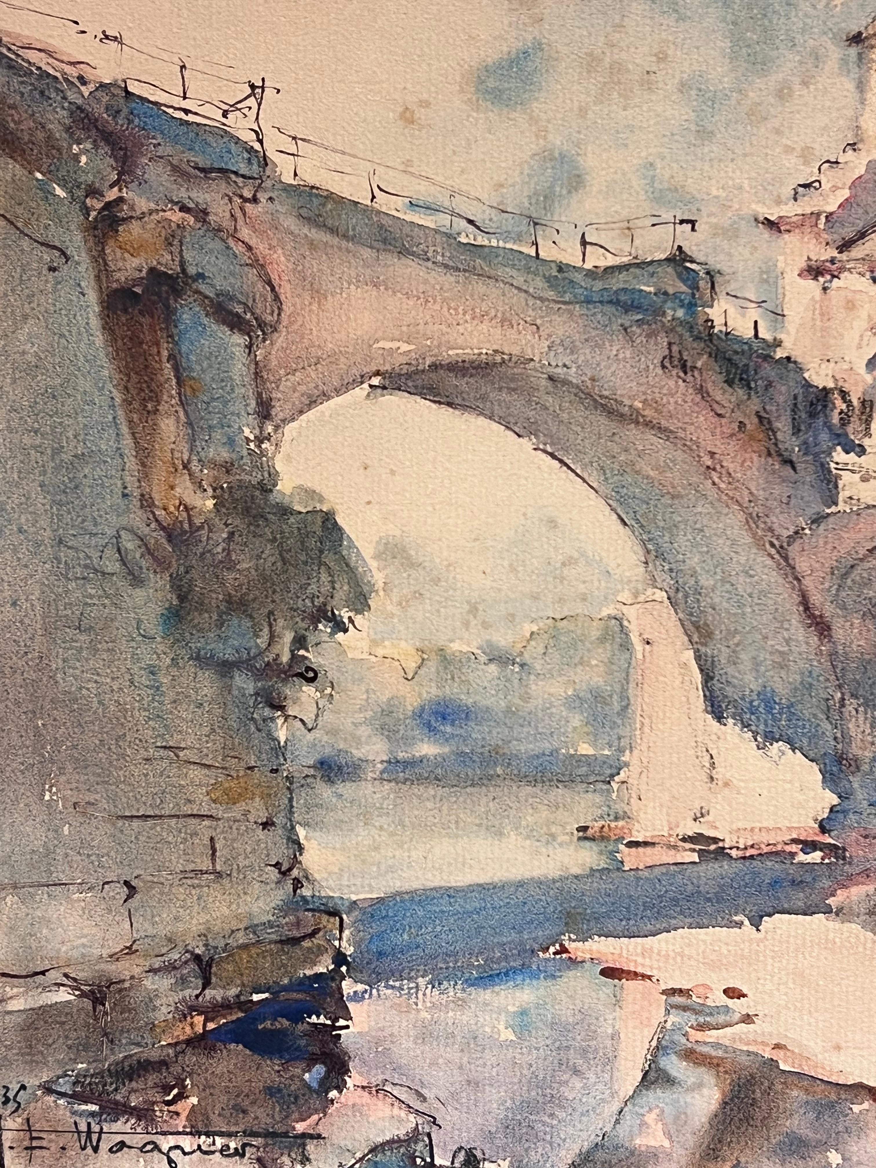 Pont Saint-Bénézet Avignone Paesaggio architettonico francese antico acquerello in vendita 1