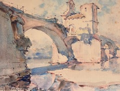 Pont Saint-Bénézet Avignon French Architectural Vintage Watercolor Landscape